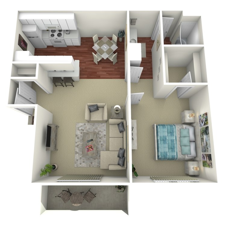 A 750 sq ft apartment with a park city apartment home 1 bathroom floor plan.