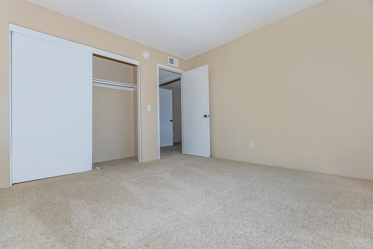 Unfurnished carpeted bedroom with open sliding closet door