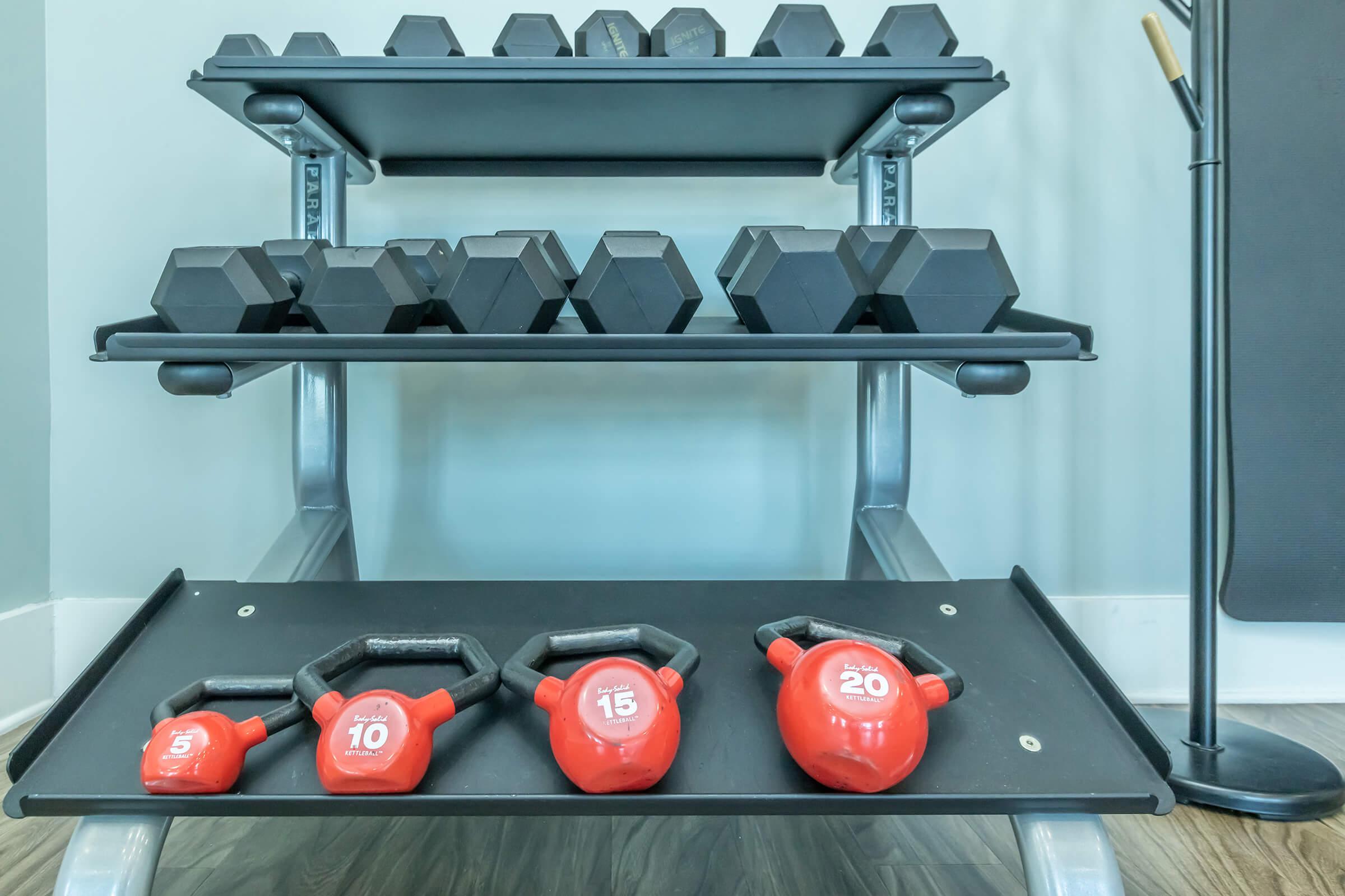 Lift free weights in the fitness center