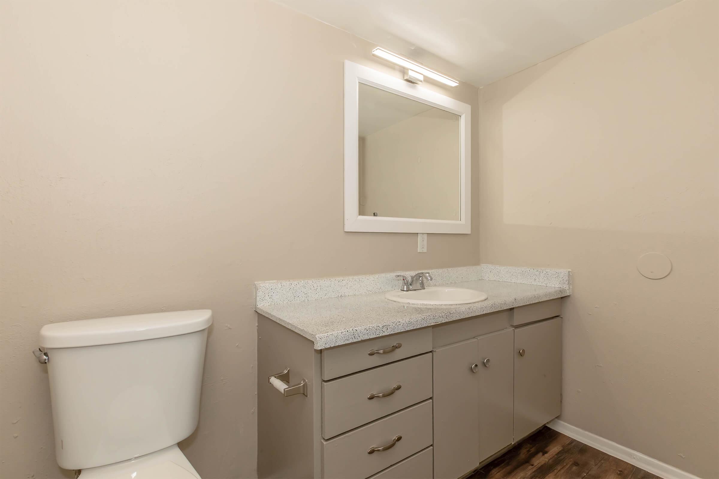 A clean and simple bathroom featuring a white toilet, a gray countertop with a sink, and a mirror above the sink. The walls are painted in a light beige, and the floor has a wood-like appearance. There is a towel holder next to the toilet, providing a functional and minimalistic design.