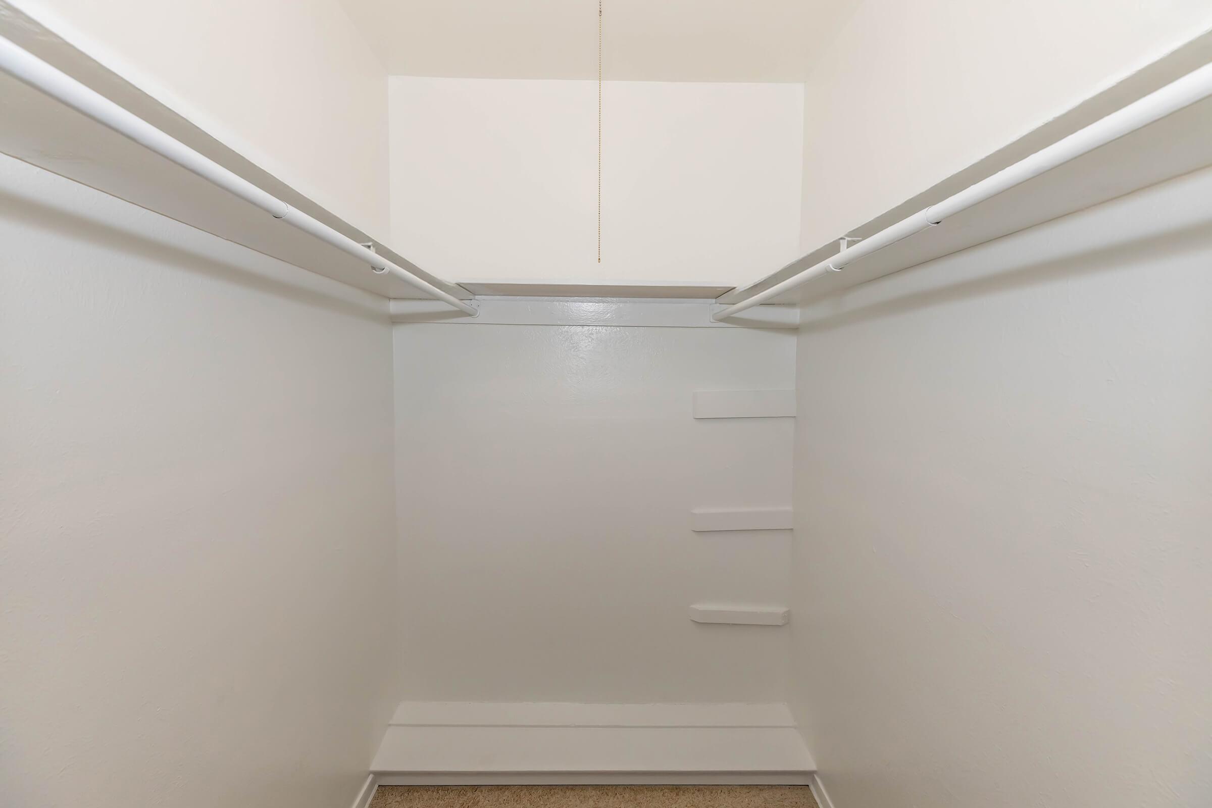 Empty closet with two hanging rods along the sides and a single light fixture above. The walls are painted white, and there are a few shelves on one side. The floor is carpeted, giving a clean and minimalistic appearance.