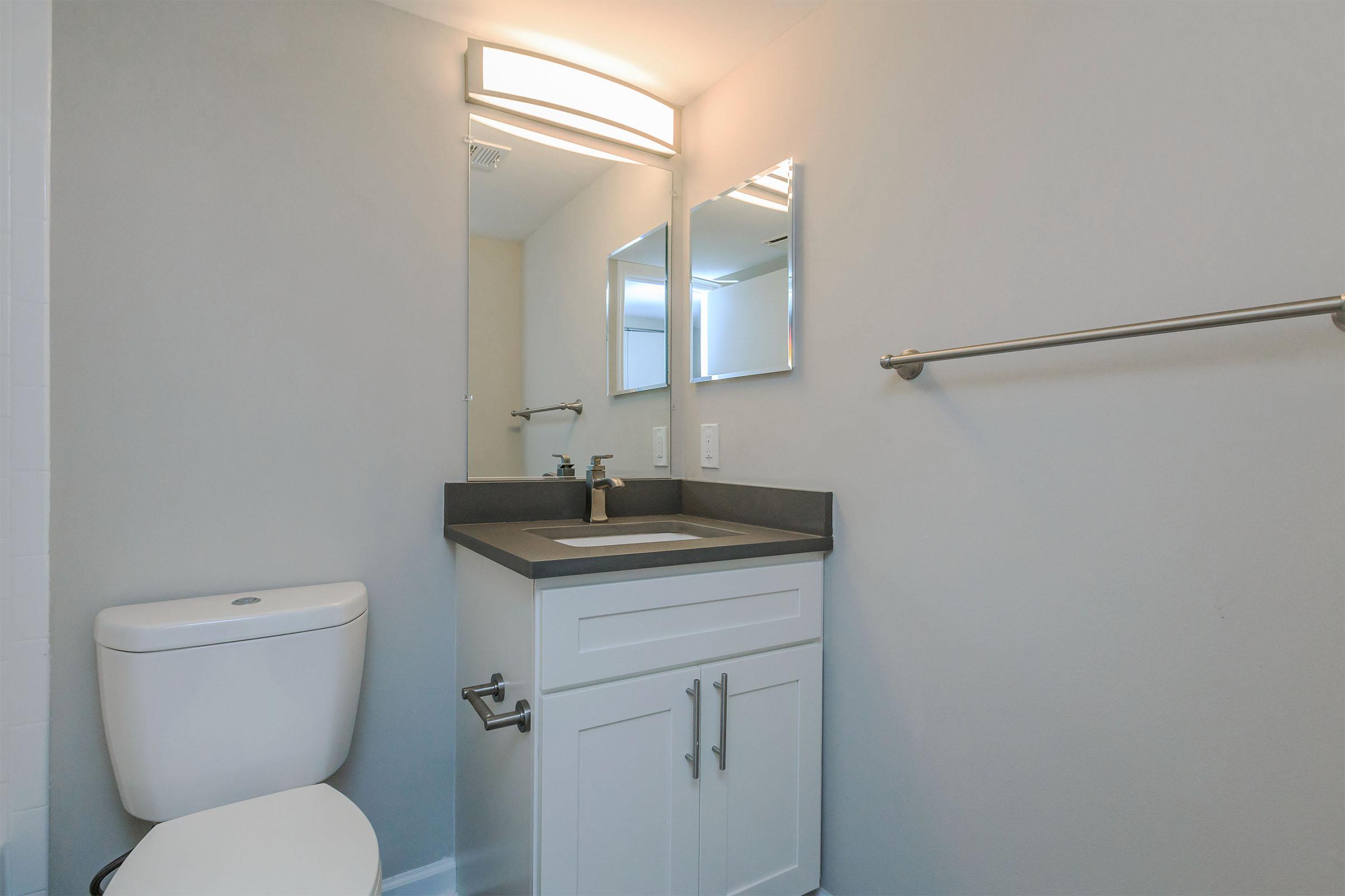 a white sink sitting under a mirror