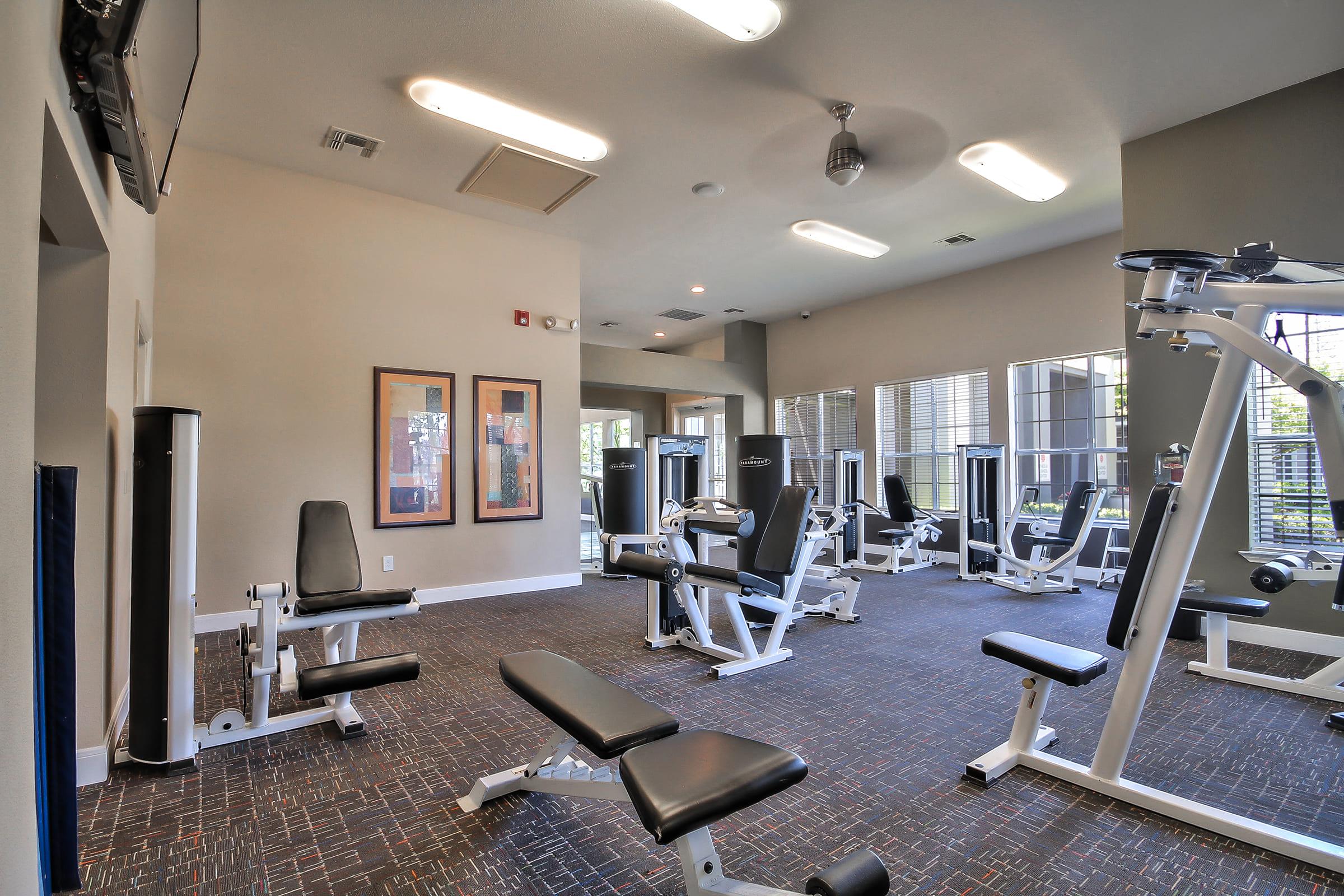 A modern gym interior featuring various strength training equipment, including bench presses and weight machines. Large windows allow natural light to fill the space, with a neutral color scheme and carpeted flooring creating a welcoming atmosphere. Fitness equipment is neatly arranged, promoting a motivating workout environment.