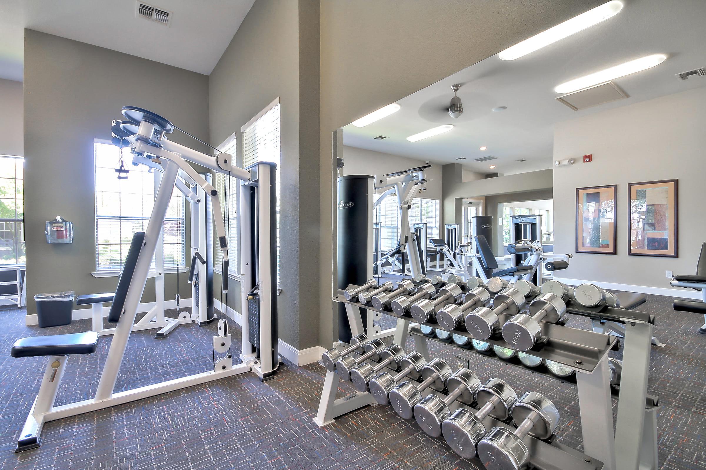 A well-lit modern gym featuring exercise machines and free weights. On one side, a multi-station machine is visible, and on the other side, a rack of dumbbells is neatly arranged. Large windows provide natural light, enhancing the spacious and inviting atmosphere.