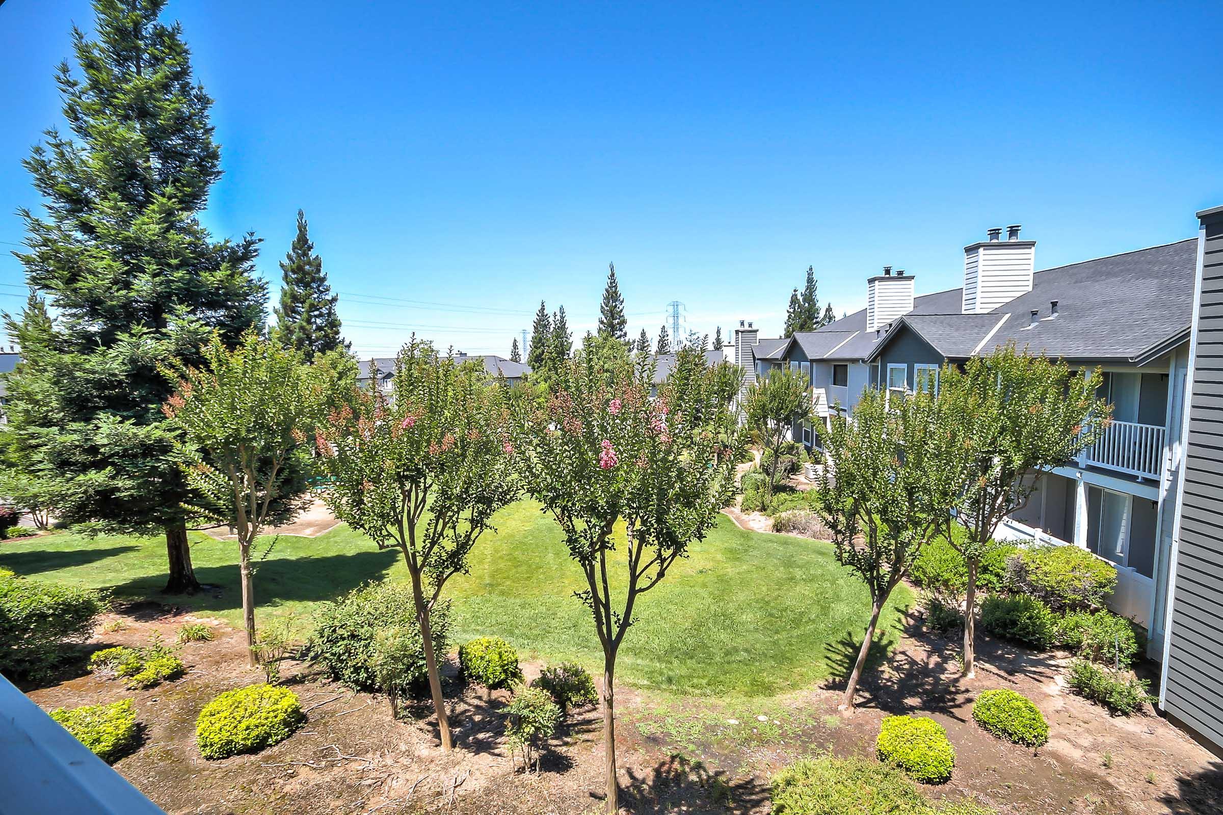 A view of a landscaped area featuring several trees and a grassy lawn, surrounded by multi-story residential buildings under a clear blue sky. The scene conveys a peaceful residential atmosphere with greenery and a well-maintained environment.