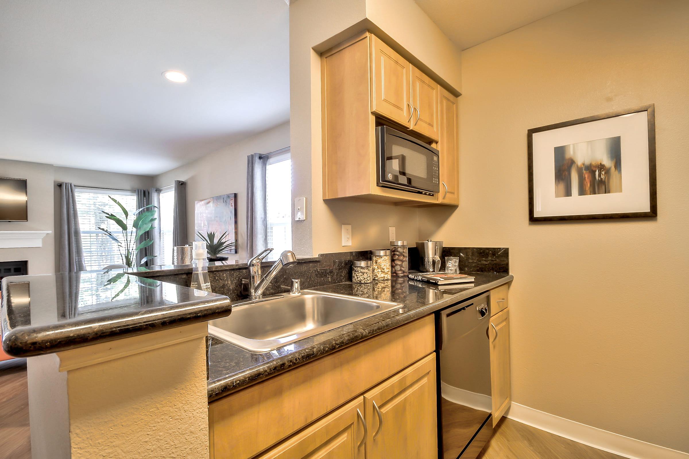 A modern kitchen featuring a granite countertop, stainless steel sink, and microwave. Light wood cabinetry complements the design. A framed artwork is displayed on the wall, and large windows allow natural light to brighten the space, enhancing the inviting atmosphere.