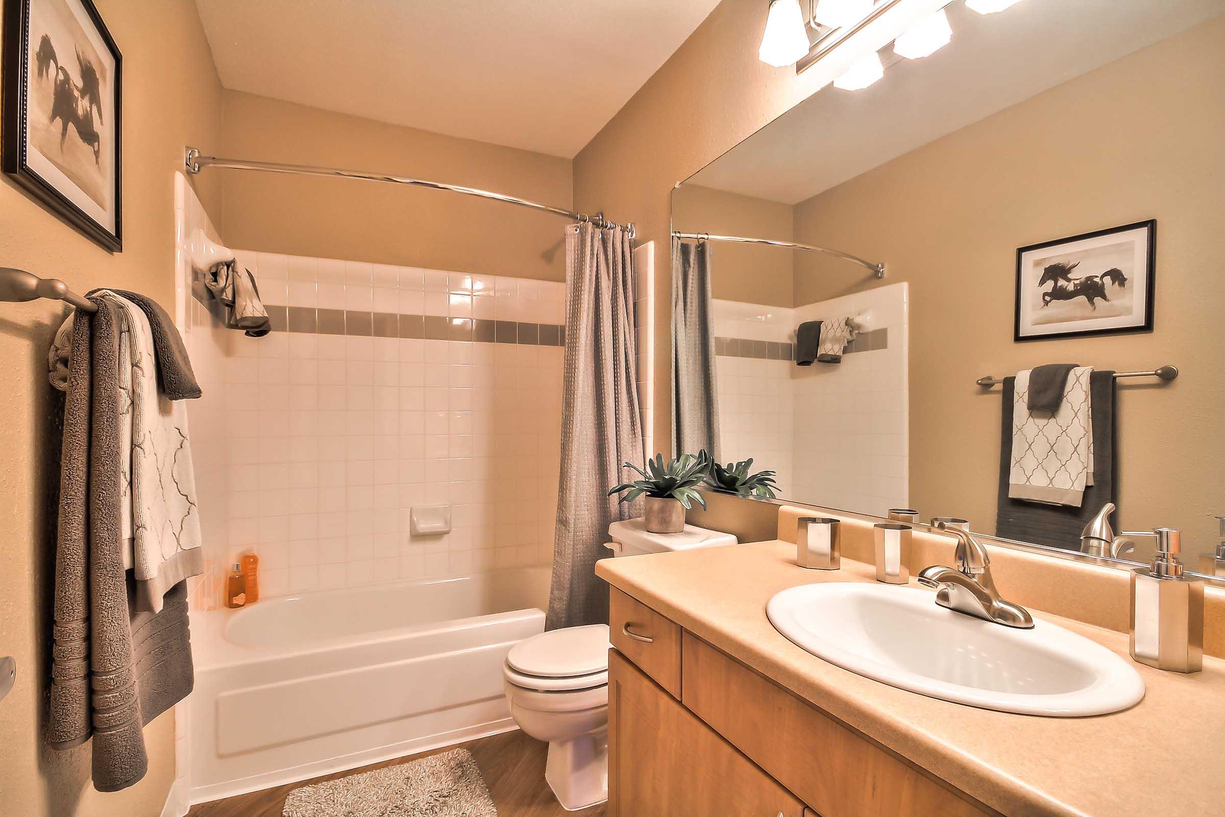 A modern bathroom featuring a white tub with an overhead shower, beige walls, a light wood vanity with a sink, and a large mirror. Decorative elements include a plant, grey towels, and framed artwork on the walls, creating a clean and inviting atmosphere.