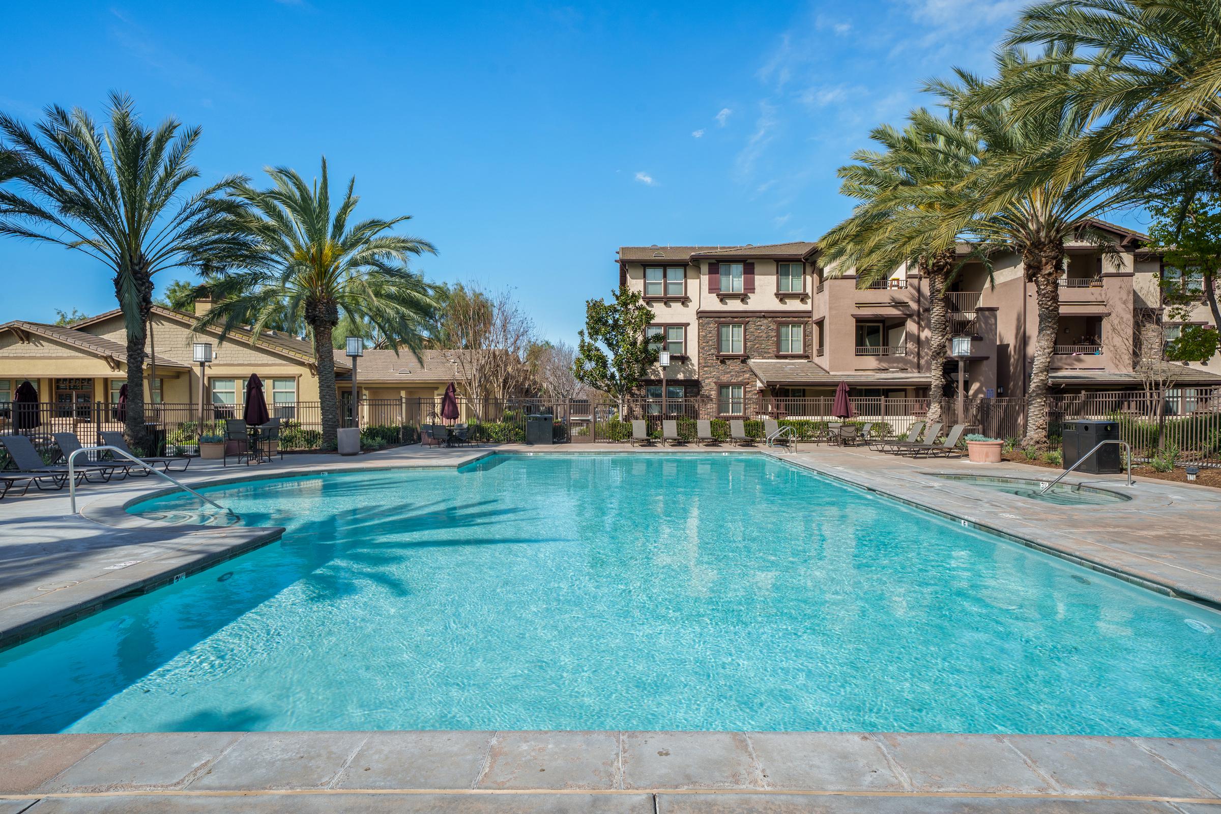 A clear blue swimming pool surrounded by palm trees and well-maintained landscaping, with lounge chairs on the pool deck. In the background, two buildings with multiple windows and balconies, set against a bright blue sky.