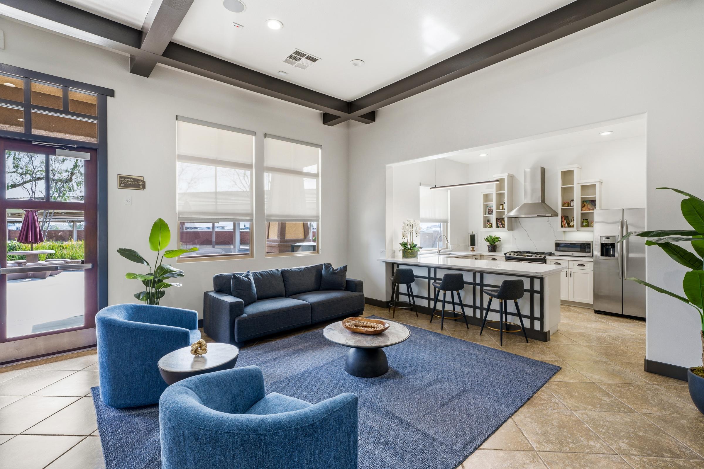 A modern living room featuring a dark blue sofa, two blue velvet armchairs, and a round coffee table on a blue rug. The space includes a kitchen area with white cabinetry, stainless steel appliances, and a window overlooking an outdoor area with plants. Natural light fills the room through large windows.