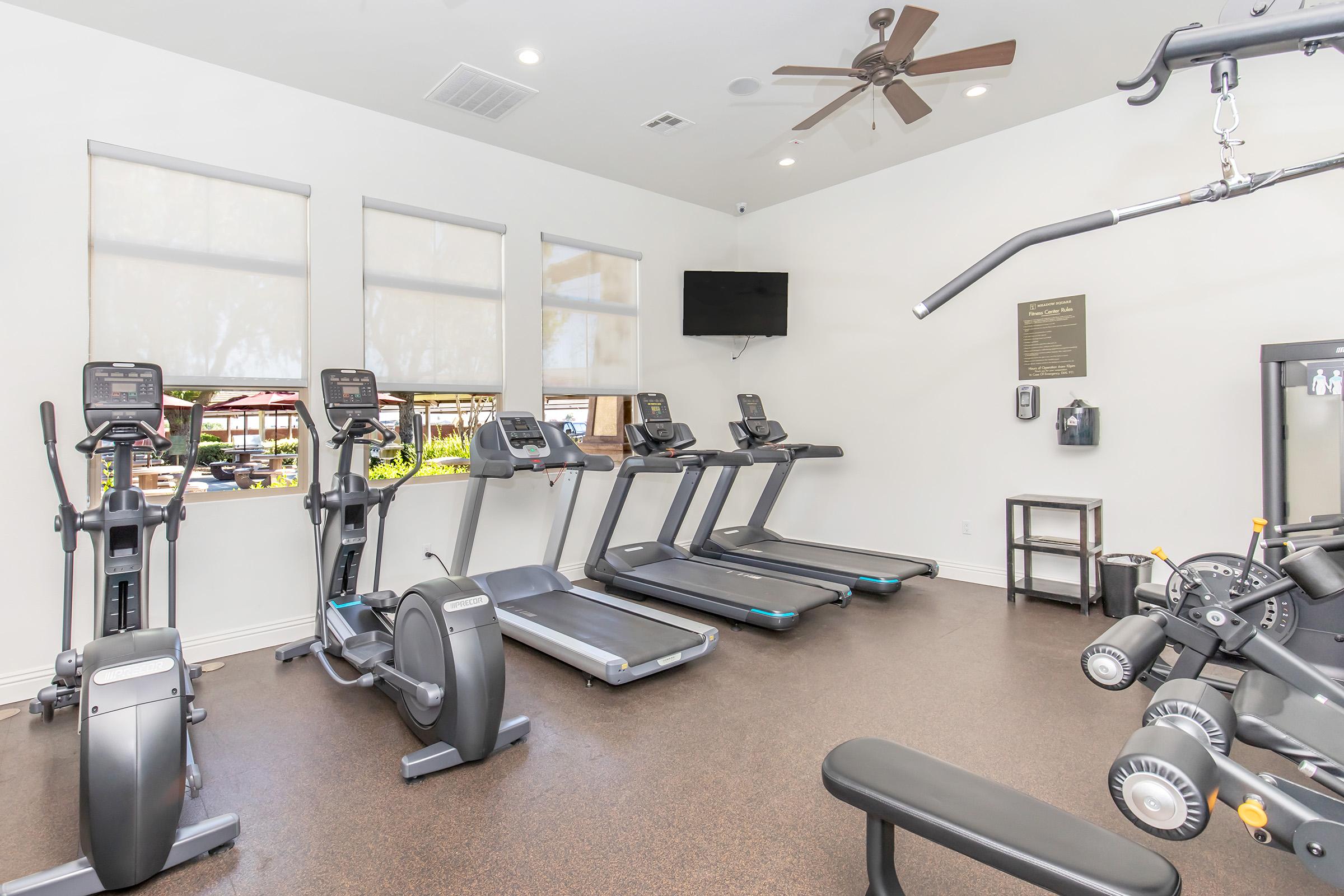 A bright, modern gym with exercise equipment including treadmills, ellipticals, and a weight machine. Large windows provide natural light, and a wall-mounted TV adds to the fitness atmosphere. The space has a clean, inviting look with a ceiling fan overhead.