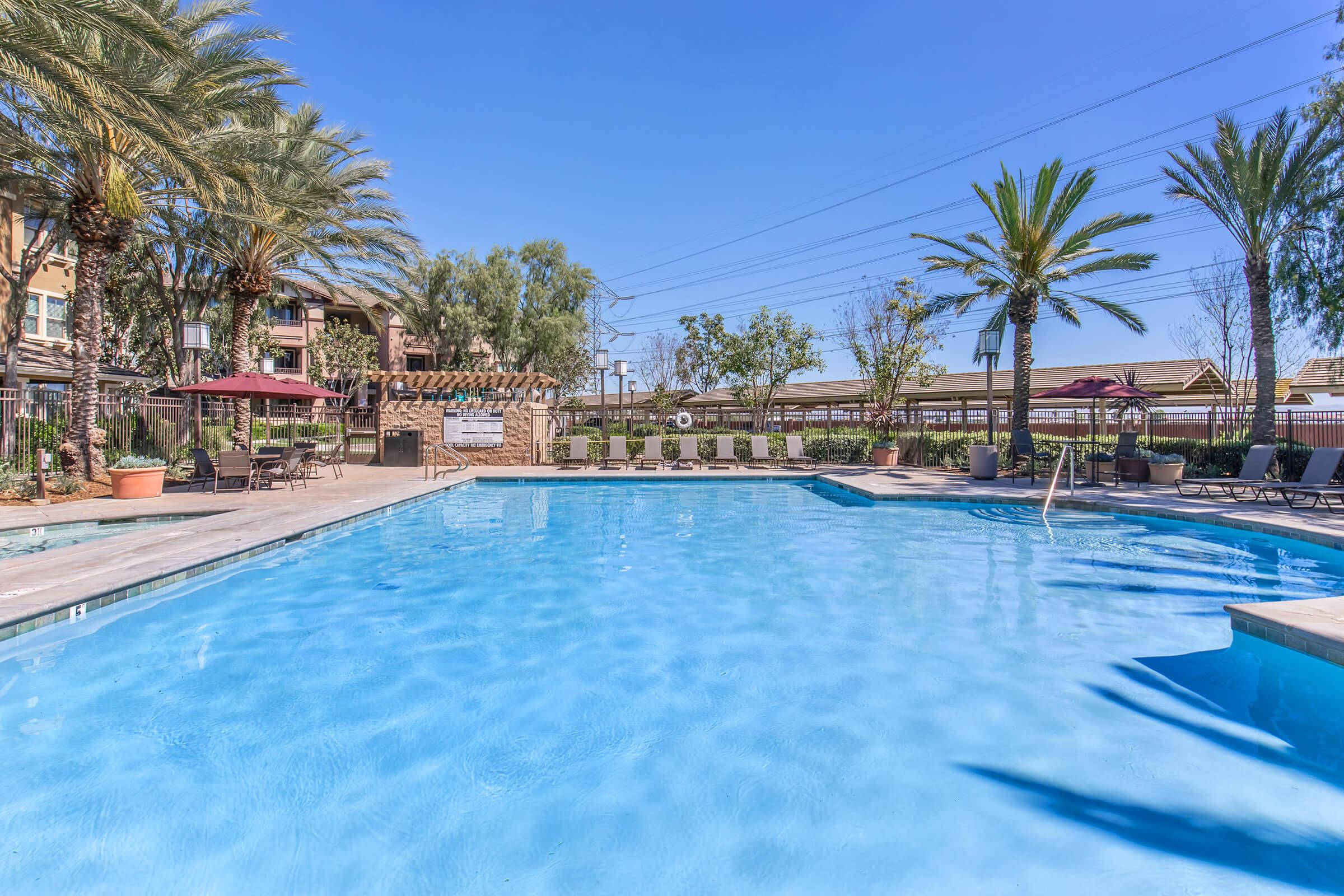 A sparkling blue swimming pool surrounded by palm trees and lounge chairs, with a sunny blue sky above. The area features shaded spots for relaxation and is part of a residential complex, creating a serene and inviting outdoor space.