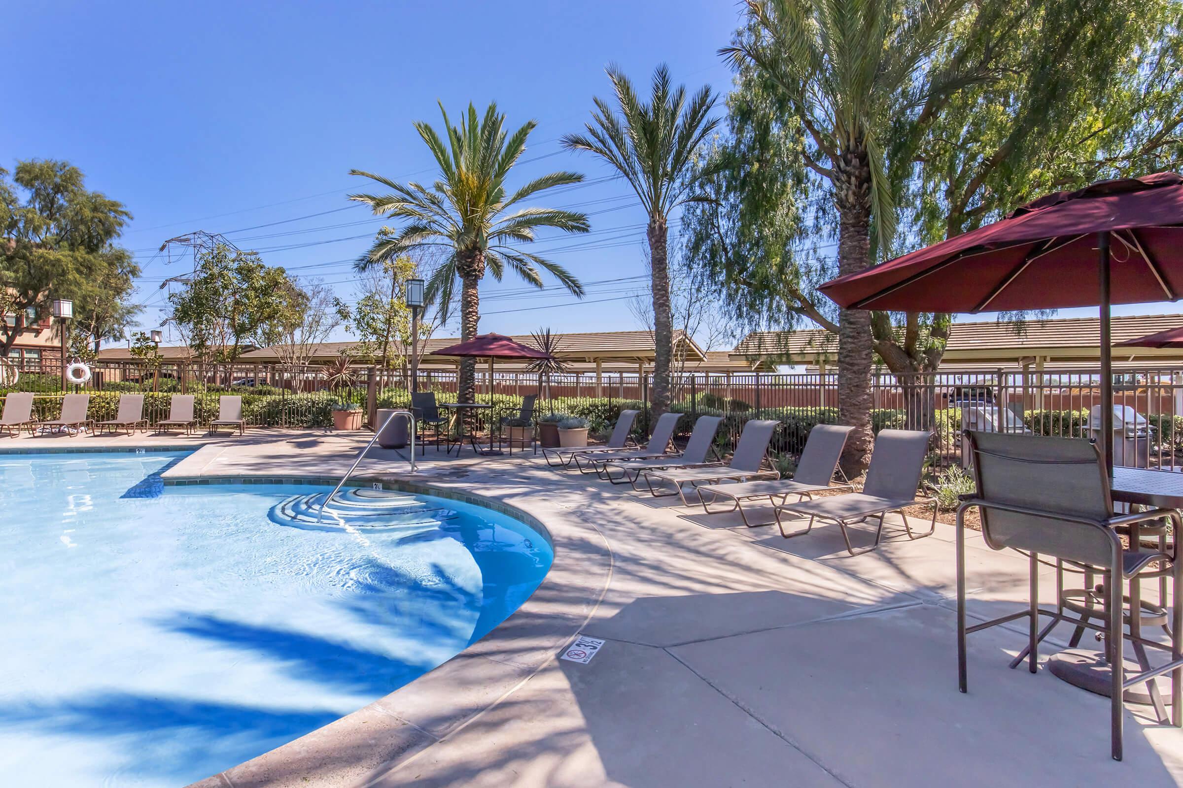 A serene swimming pool area featuring a curved blue pool surrounded by lounge chairs. Tall palm trees and lush greenery provide a tropical ambiance, while several umbrellas offer shade. The area is well-lit by sunlight, creating an inviting outdoor space for relaxation.