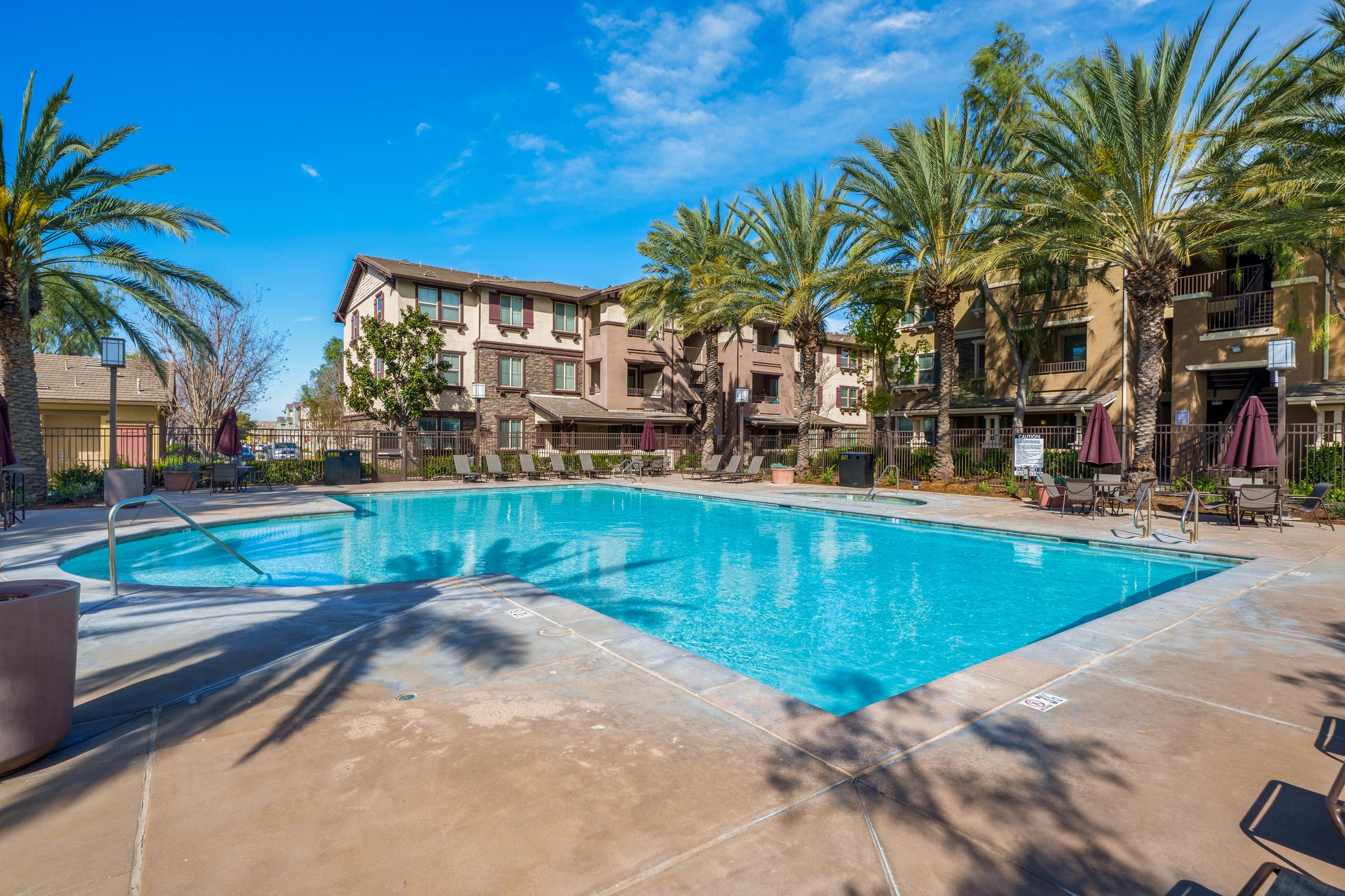 A clear blue swimming pool surrounded by palm trees and lounge chairs, located in a residential area. The pool area features a concrete deck and several shaded seating options with umbrellas. In the background, there are apartment buildings with balconies. The sky is bright and sunny, enhancing the inviting atmosphere.