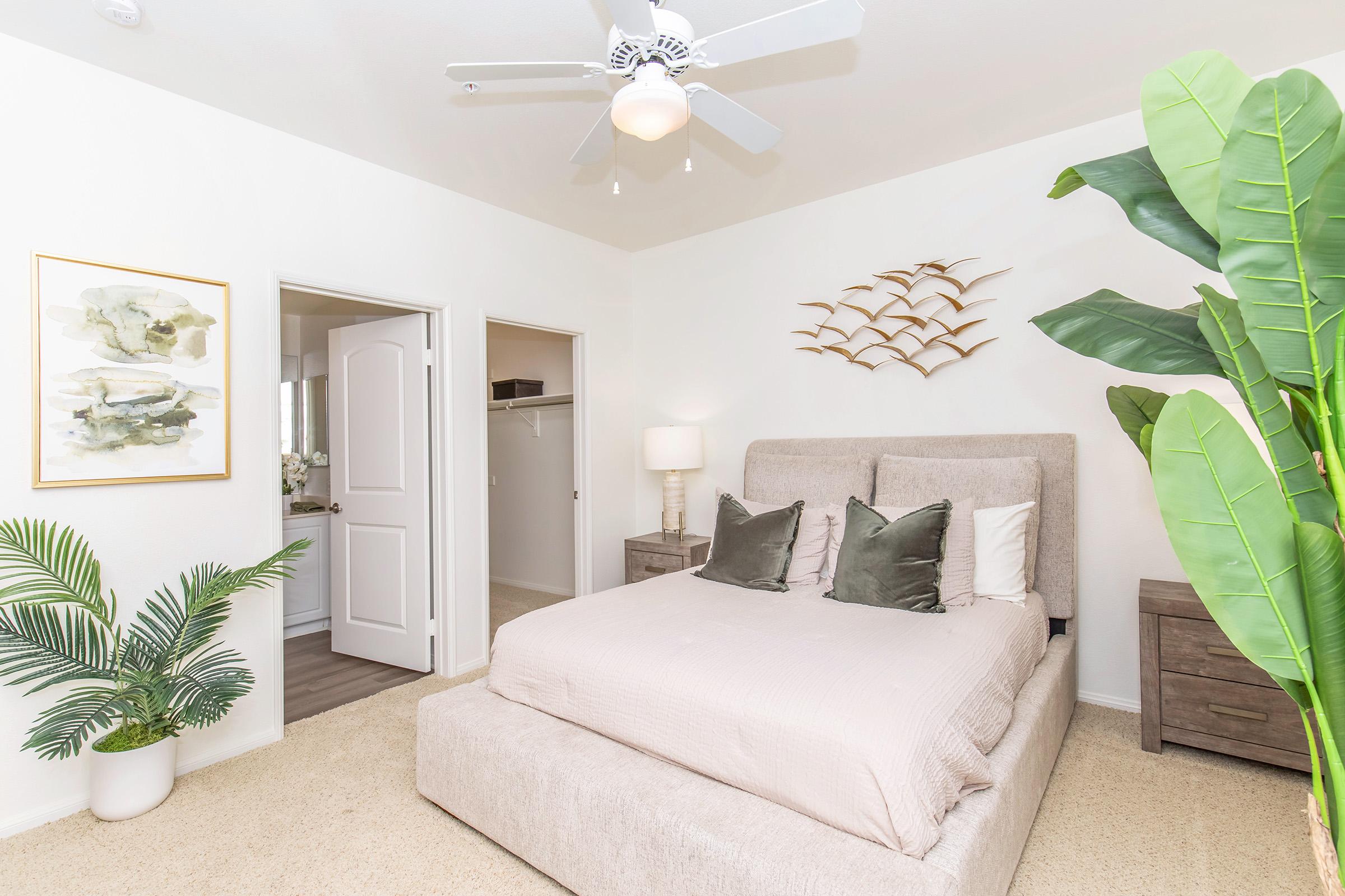 A cozy bedroom featuring a beige upholstered bed with decorative pillows, two nightstands, and a ceiling fan. There's a large plant in one corner and framed artwork on the wall. A doorway leads to another room, and the soft carpet adds a warm touch to the space.