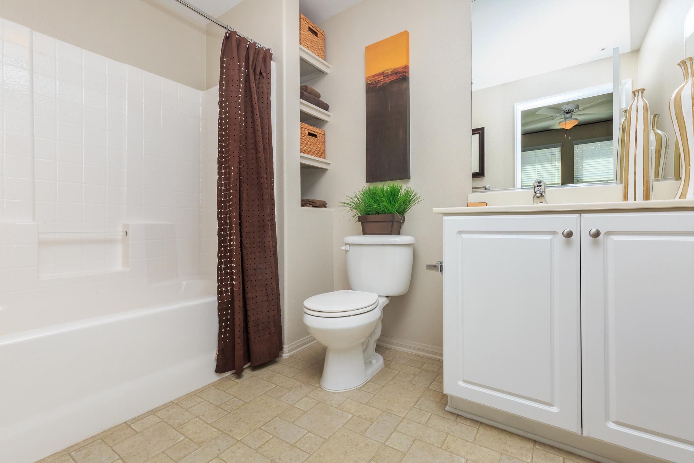 Bathroom with brown shower curtain