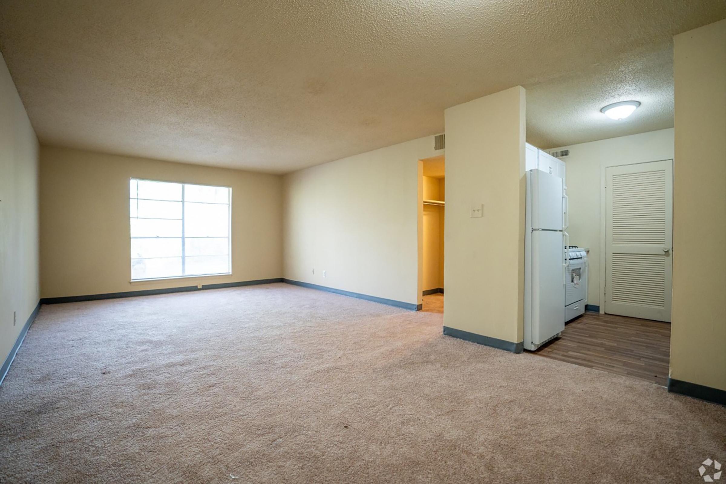 A spacious, empty room with light beige carpet and pale yellow walls. There's a large window letting in natural light. To the right, a white refrigerator is visible, along with an adjacent closet and laundry area. The overall ambiance is neutral and ready for furnishing.