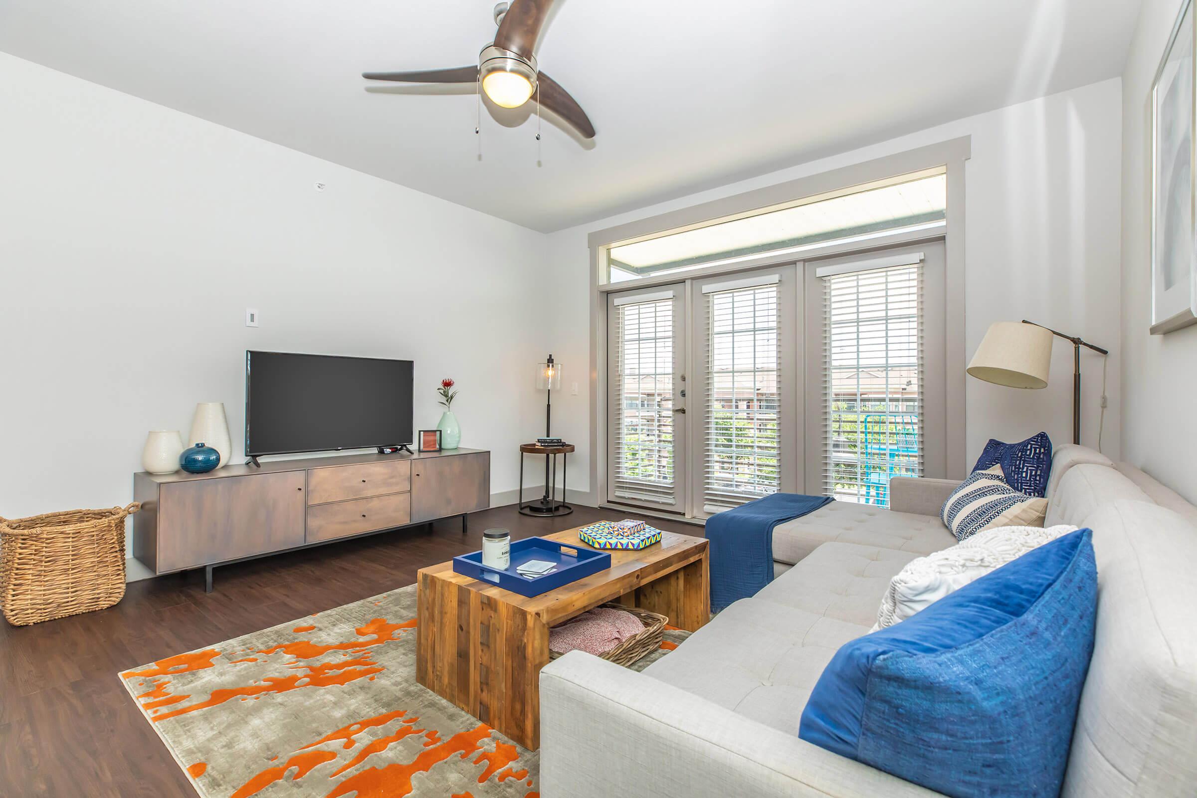 a furnished living room with a TV