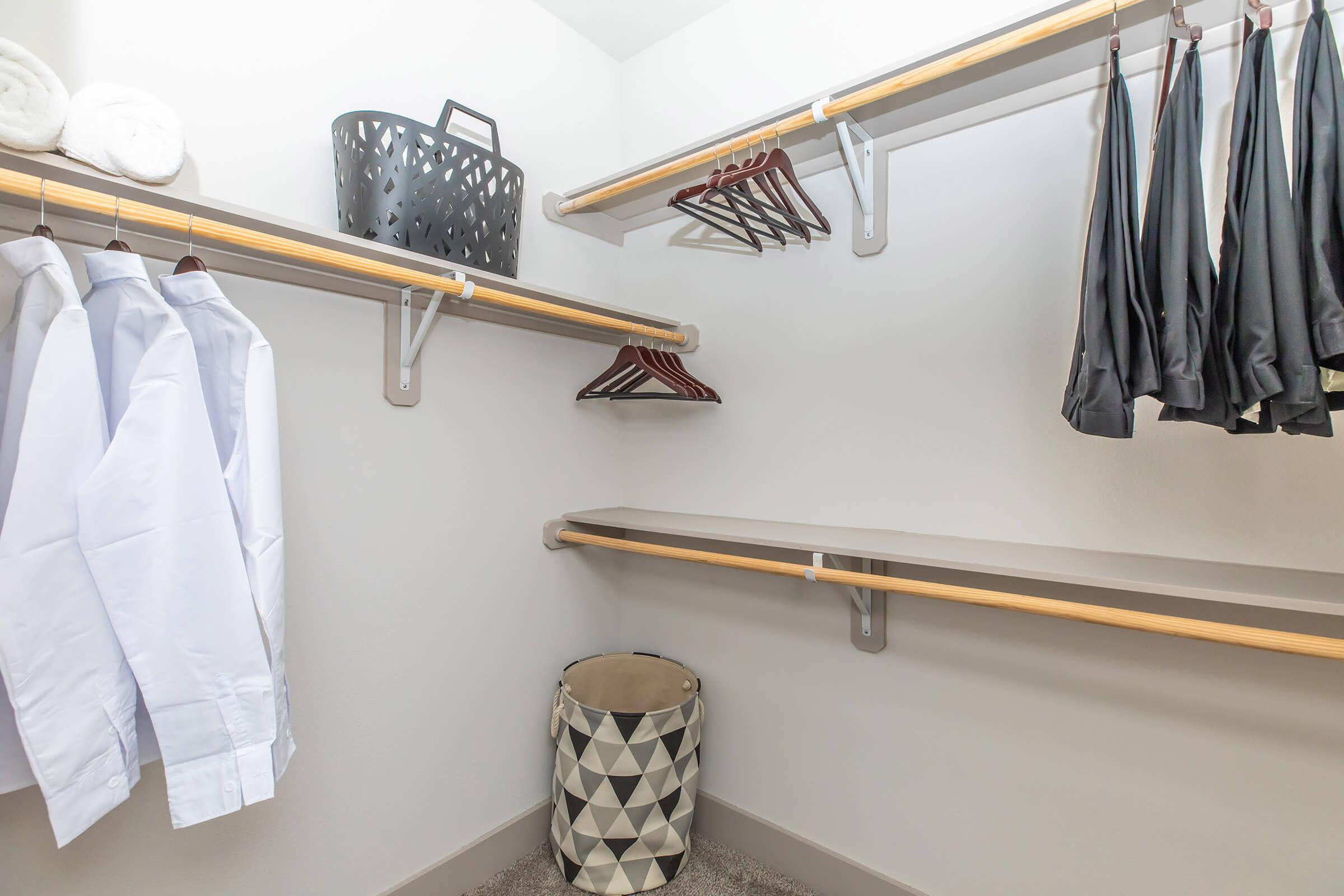 a furnished walk-in closet with carpet