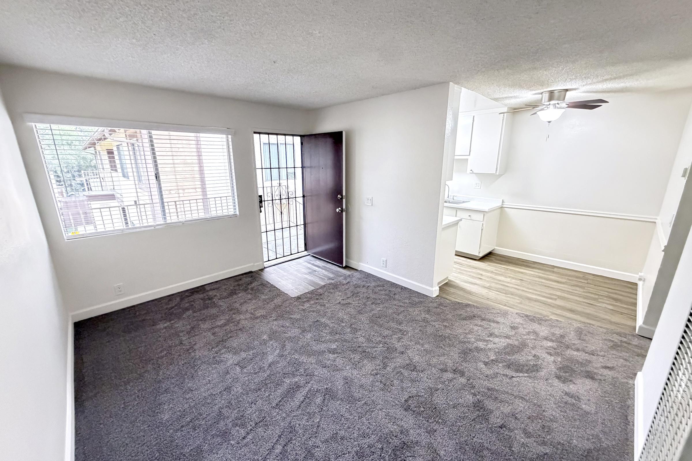 Interior view of a nicely finished living room featuring carpeted floors, a large window with natural light, and a doorway leading to an outdoor area. To the right, there is a glimpse of a kitchen with white cabinetry and modern appliances. Bright and inviting atmosphere.