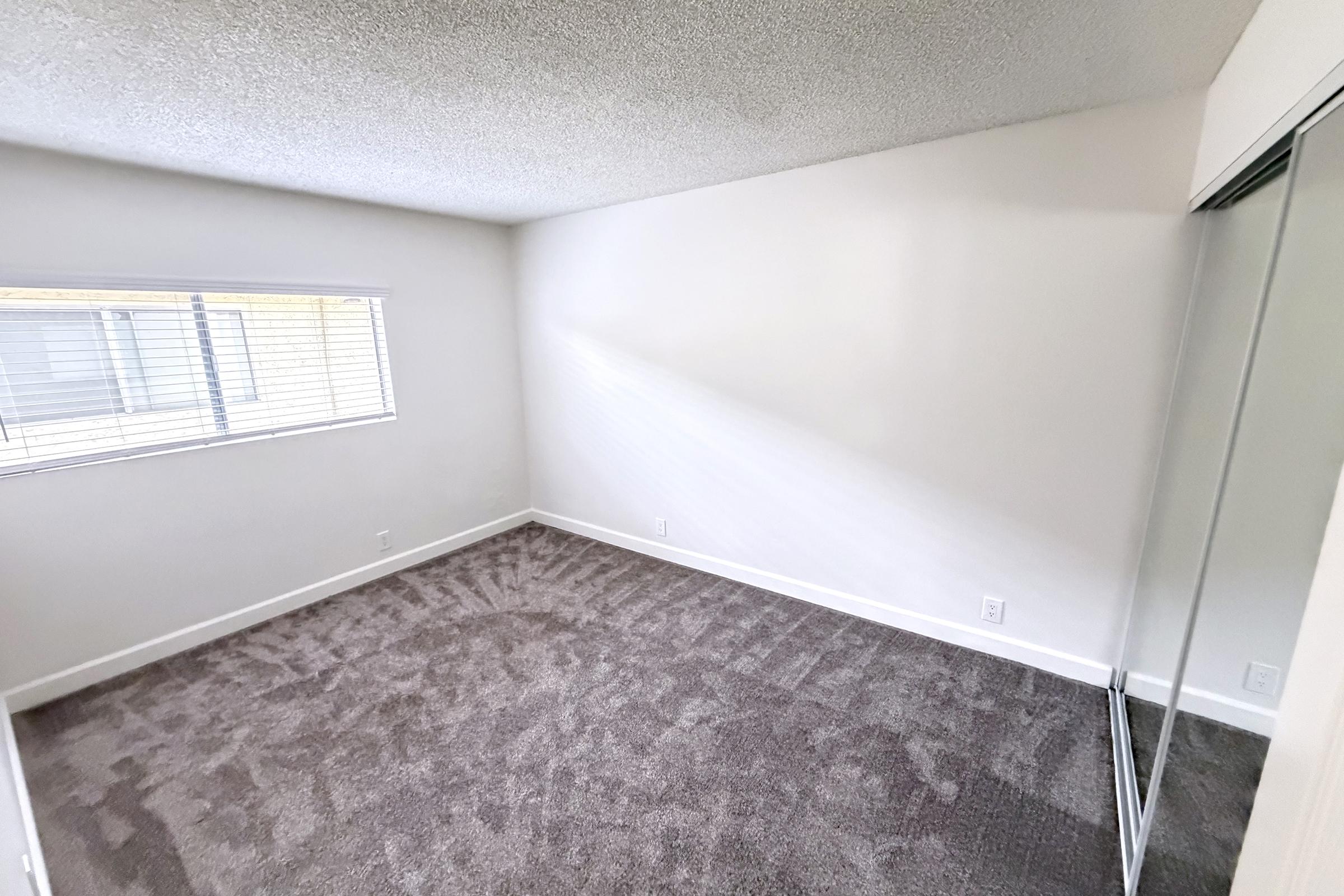A spacious, empty bedroom with light gray carpet and white walls. There is a large window with blinds allowing natural light in, and a sliding mirror closet on one side of the room. The room appears clean and freshly painted, ready for personal decoration.