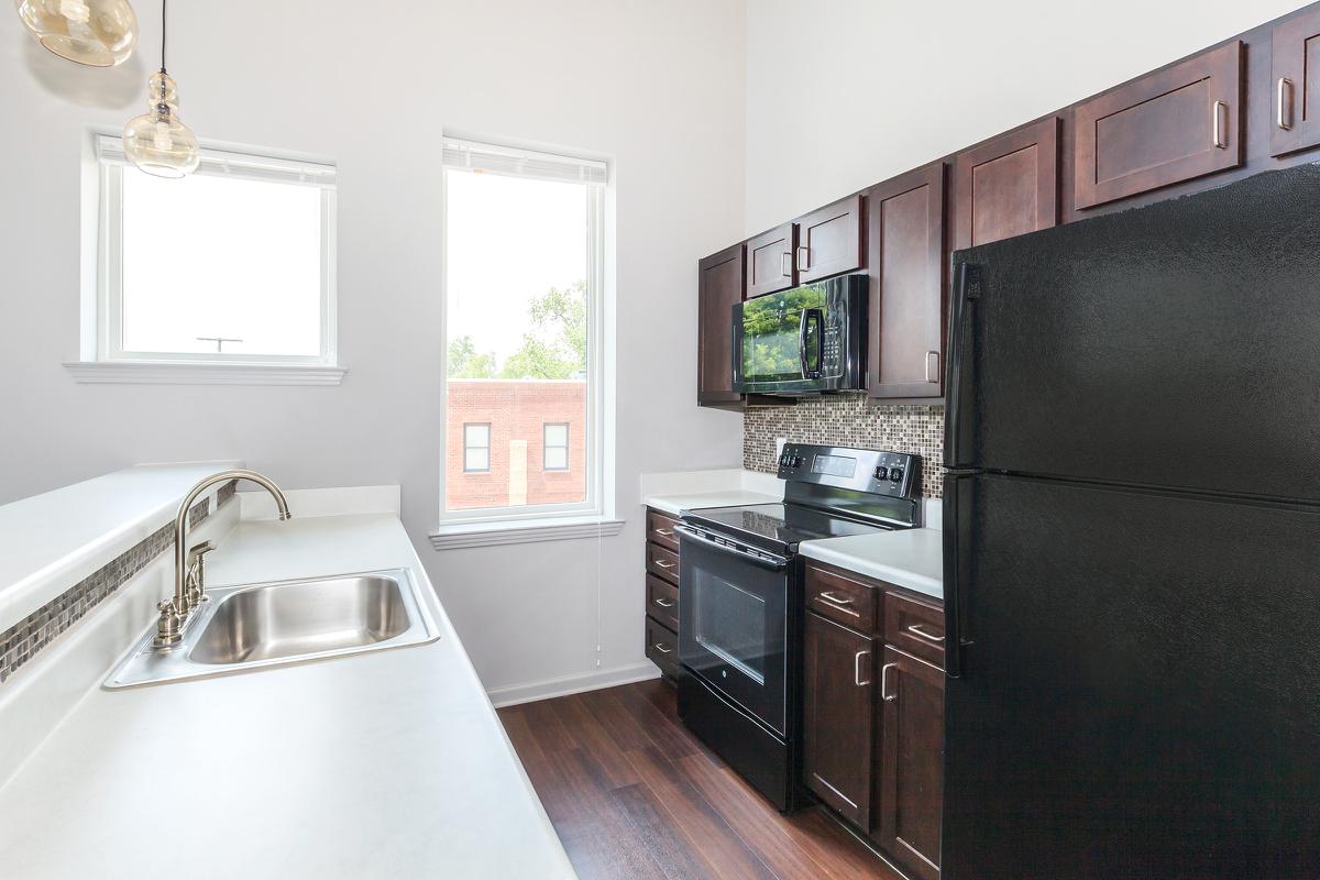 One bedroom corner apartment kitchen