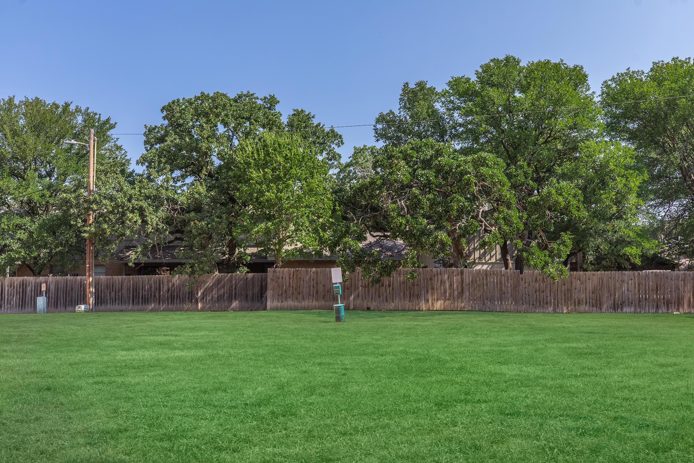 A green lawn in the foreground with a wooden fence in the background. The area is surrounded by leafy trees under a clear blue sky. A parking pole and an irrigation system are visible on the left side. The scene conveys a peaceful, suburban outdoor environment.