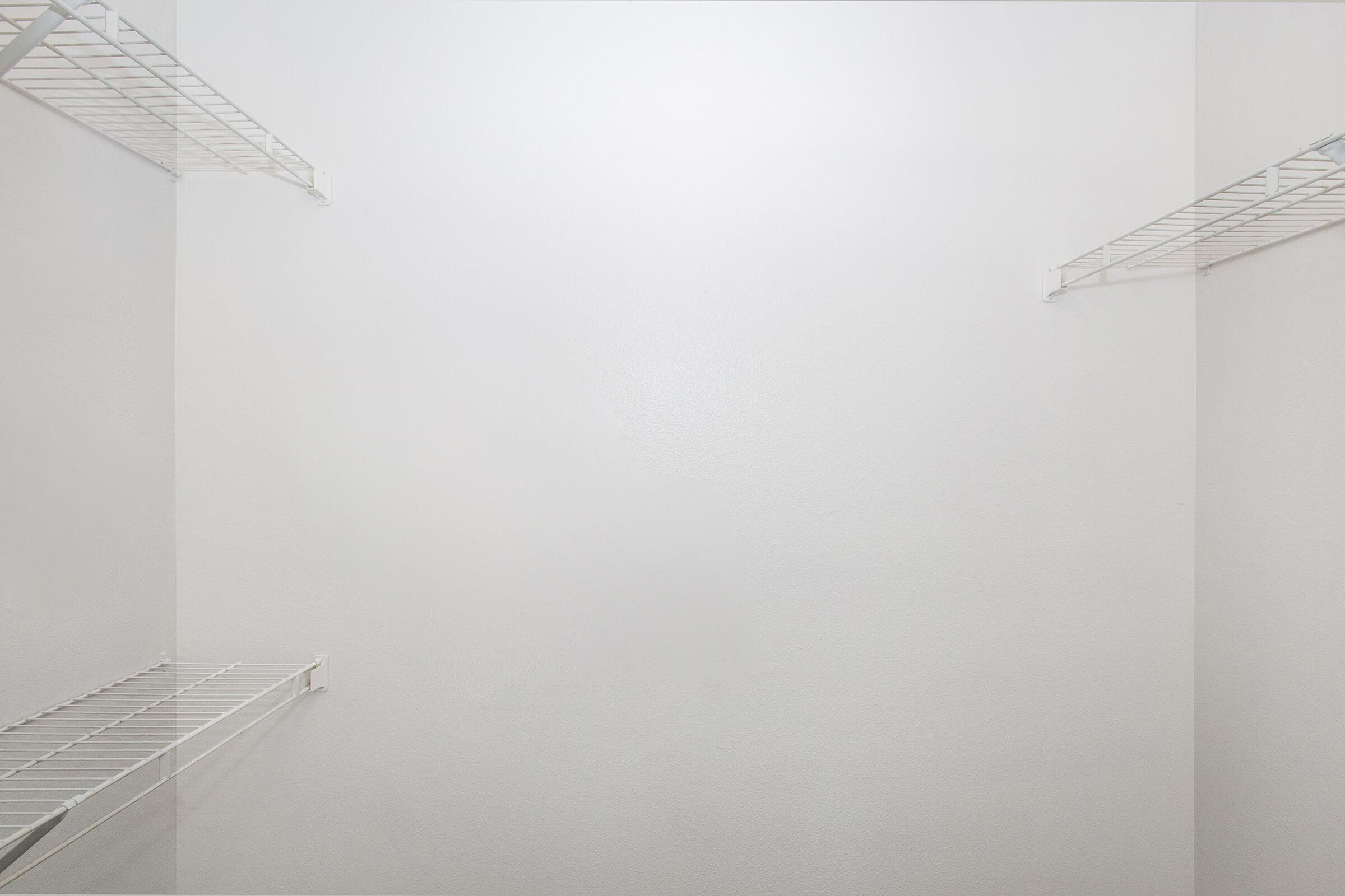 A blank, empty closet with white walls and two wire shelving units on the left and right sides. The space is well-lit and minimalistic, with no items visible on the shelves or in the room.