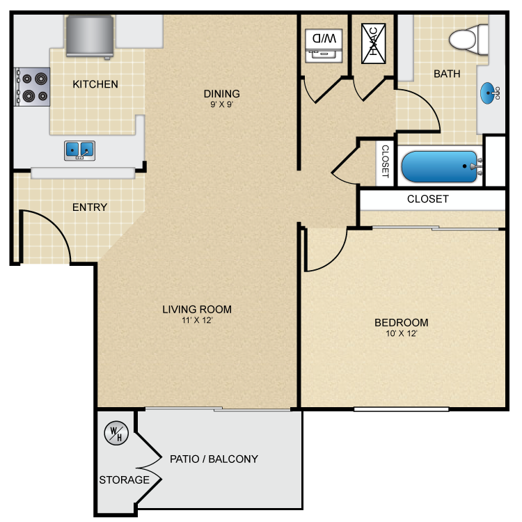 Floor plan image of 1 Bed 1 Bath Furnished