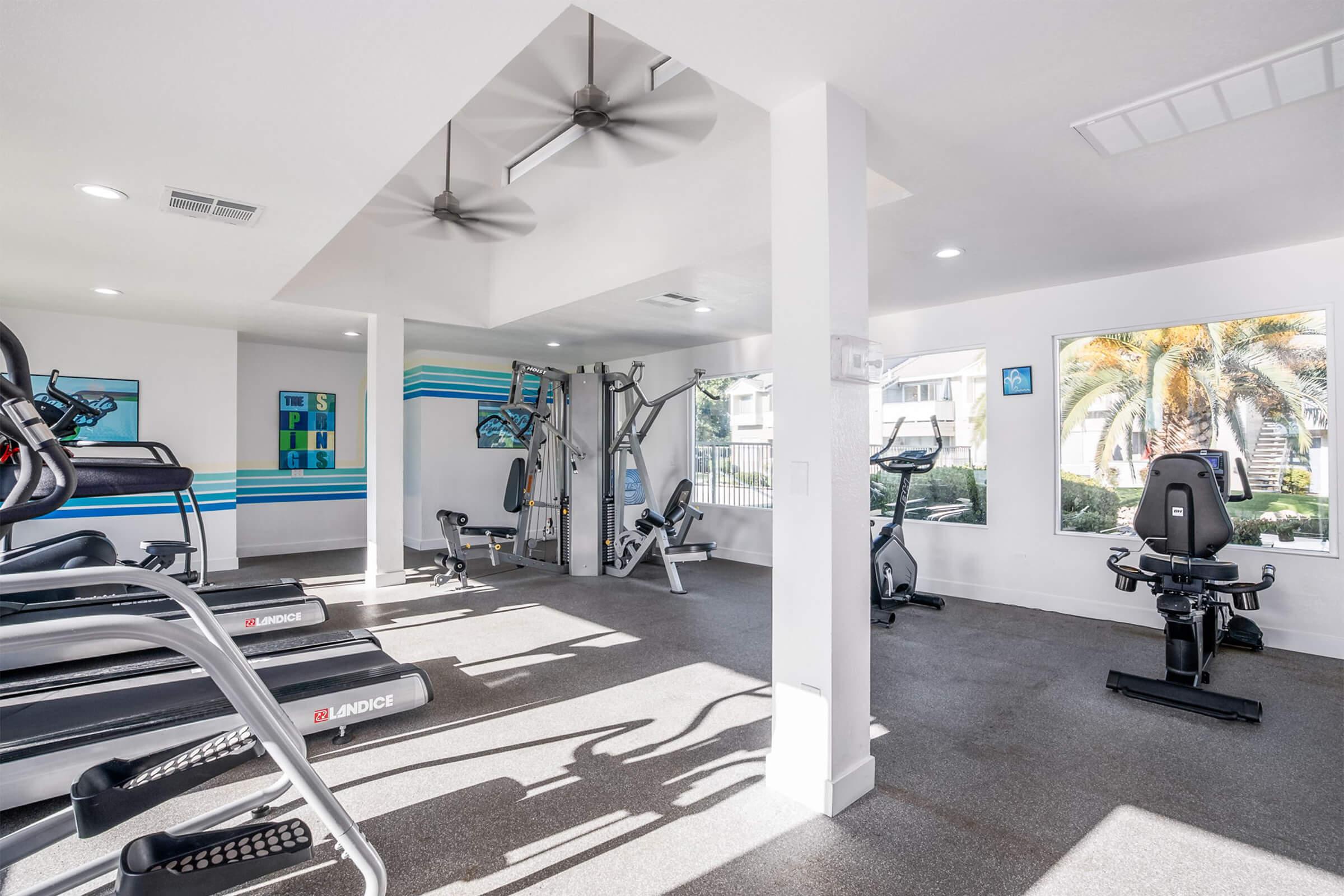 A bright and modern gym with cardio equipment, strength machines, and large windows letting in natural light. The space features clean lines and a fresh design, with fans on the ceiling and motivational artwork on the walls. A view of palm trees is visible outside.