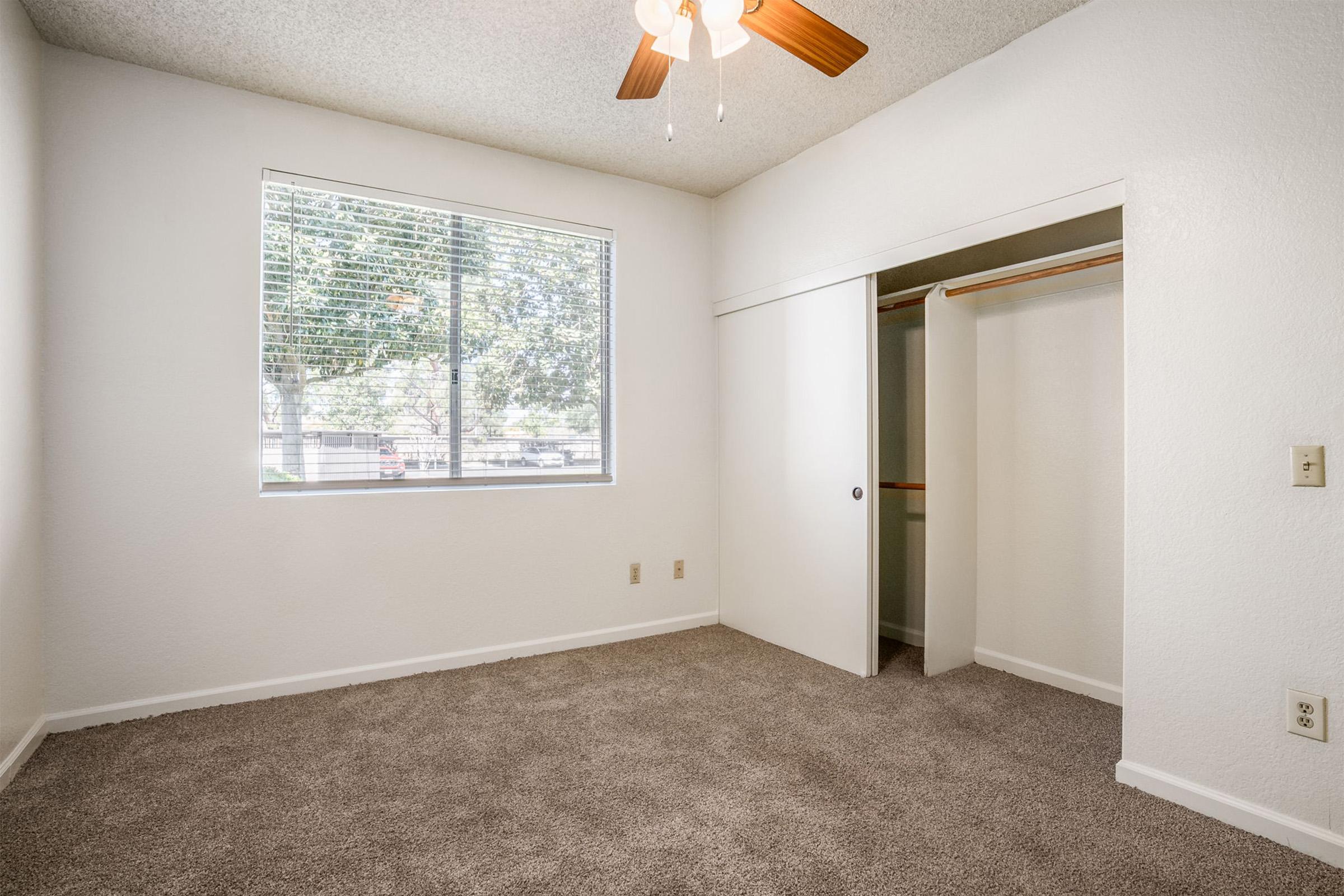 Empty bedroom featuring light-colored walls, a ceiling fan, and a large window with views of trees outside. The floor is covered in soft carpet, and there is a sliding closet door to the left, providing storage space. The room is bright and spacious with natural light.