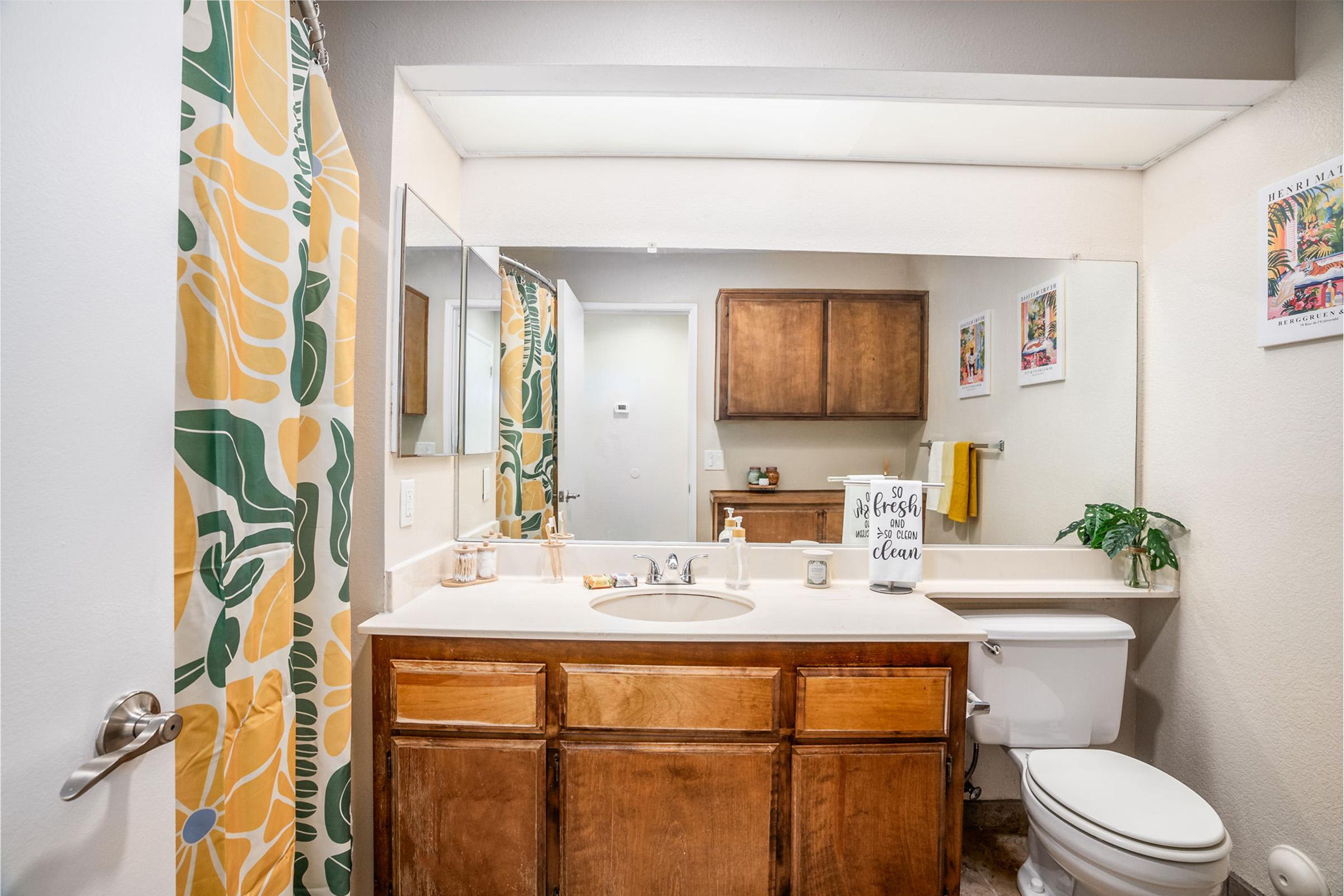A bright and clean bathroom featuring a beige countertop with a sink, wooden cabinets, a white toilet, and a large mirror. The shower curtain has a colorful, abstract design, and there are decorative items on the counter and wall art nearby. Greenery adds a touch of freshness to the space.