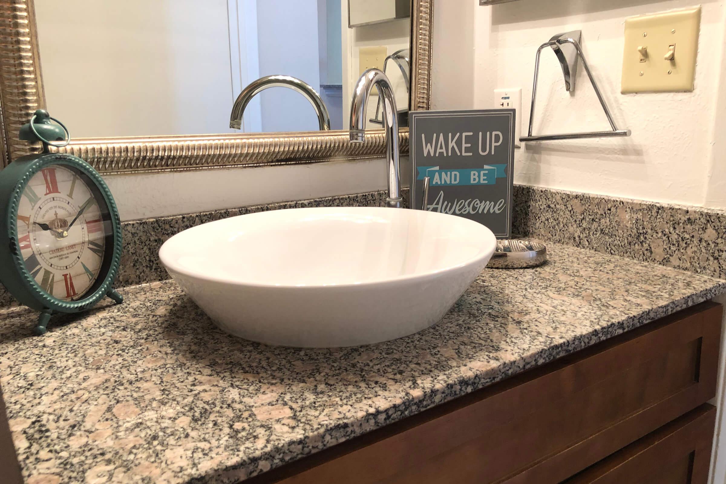 a close up of a bowl sink on a counter