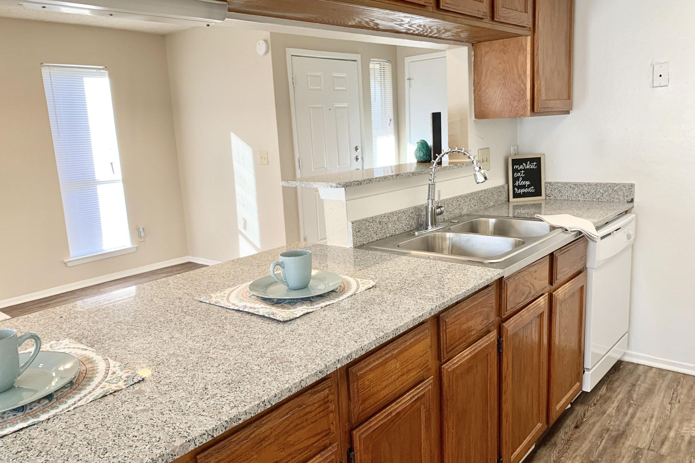 a kitchen with a sink and a window