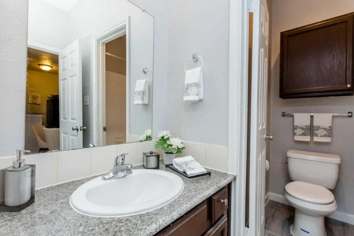 A tidy bathroom featuring a sink with a granite countertop, a mirror above the sink, and a neatly organized towel holder. A toilet is situated in the corner, and a small decorative arrangement of flowers adds a touch of elegance. Doors leading to another room are visible in the background.