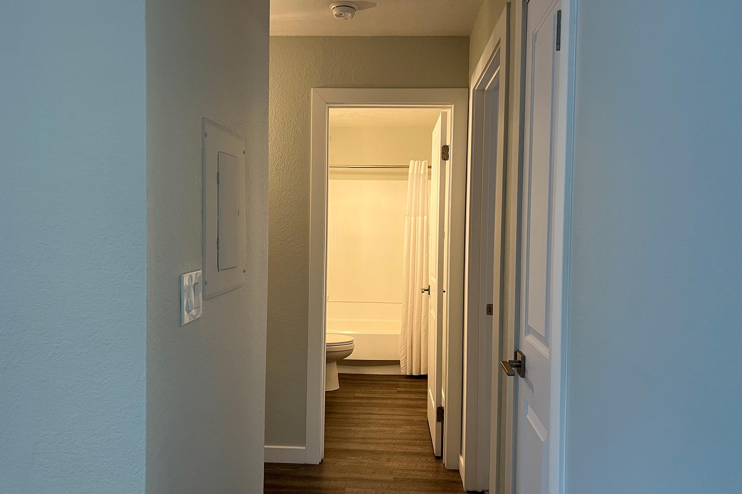 A well-lit hallway leading to a bathroom with a bathtub and shower curtain. The walls are a light color, and there are doors on either side. The flooring is dark wood, adding contrast to the space. A light fixture is visible on the ceiling.