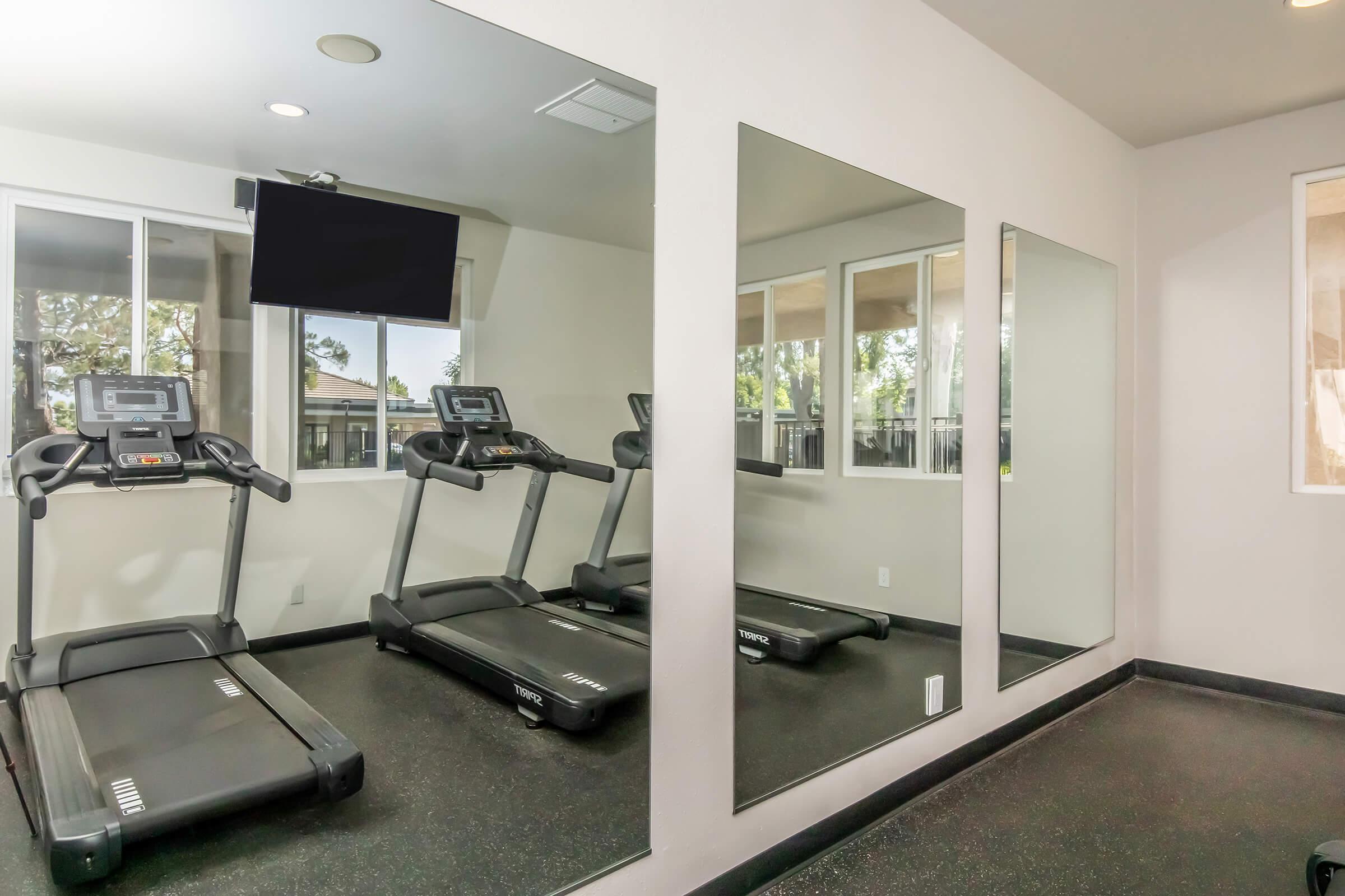 A modern gym interior featuring two treadmills facing a wall of mirrors. A flat-screen TV is mounted on the wall, and large windows allow natural light to illuminate the space, creating an inviting atmosphere for exercise. The flooring is dark, enhancing the gym's contemporary aesthetic.