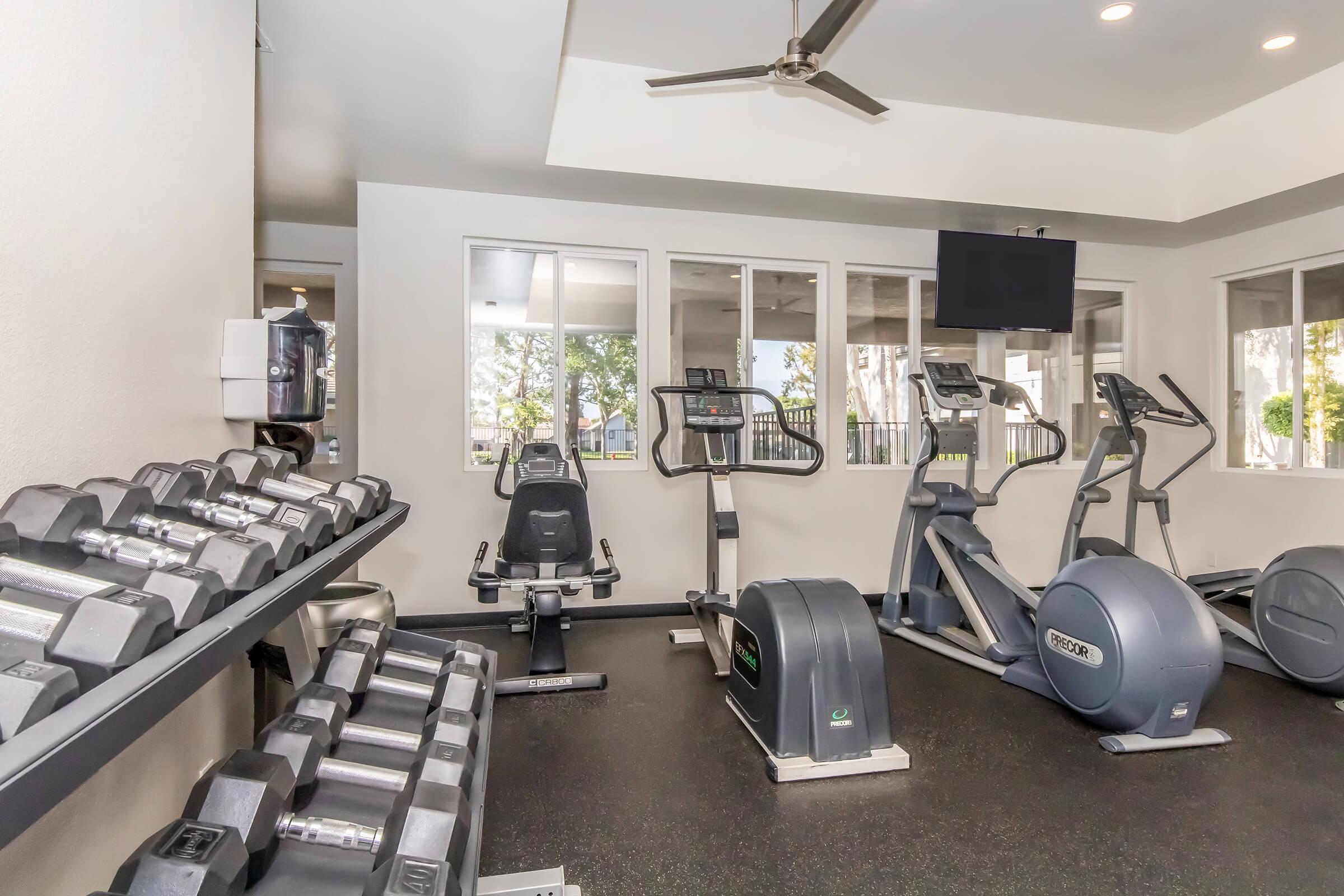 A modern gym interior featuring a variety of exercise equipment, including stationary bikes, elliptical trainers, and a weight rack with dumbbells. Large windows provide natural light, and a ceiling fan is visible. A wall-mounted TV is positioned for entertainment during workouts.