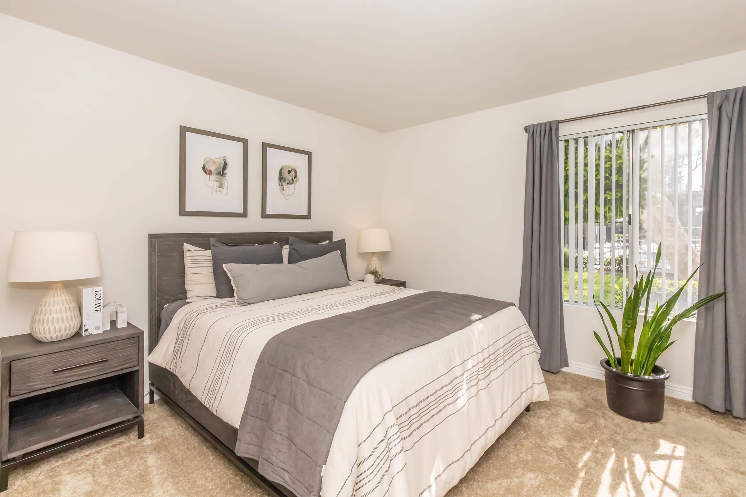 A cozy bedroom featuring a large bed with gray and white bedding, two decorative framed flower prints on the wall, a bedside table with a lamp, and a potted plant near a window with vertical blinds, allowing natural light to brighten the space. Soft, neutral-toned carpet completes the inviting atmosphere.
