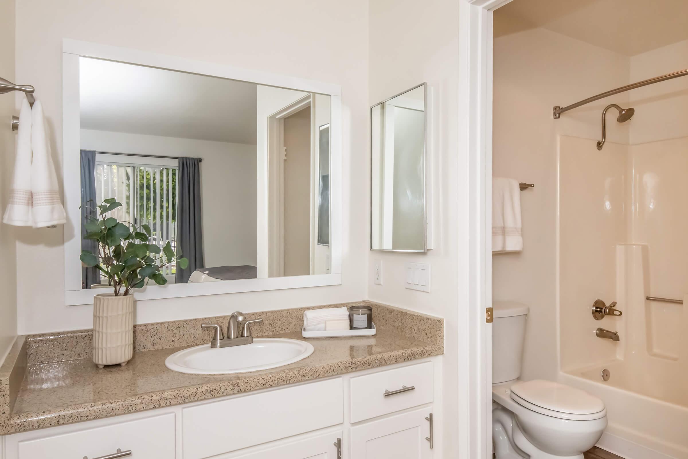 A modern bathroom featuring a sink with a granite countertop, a large mirror, and a shower/tub combination. There is a towel hanging on the wall, a vase with greenery on the countertop, and a small container. A window in the background shows soft natural light coming in.