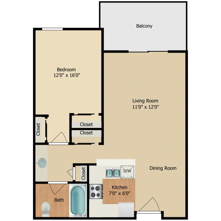 1 Bed 1 Bath, a 1 bedroom 1 bathroom floor plan.