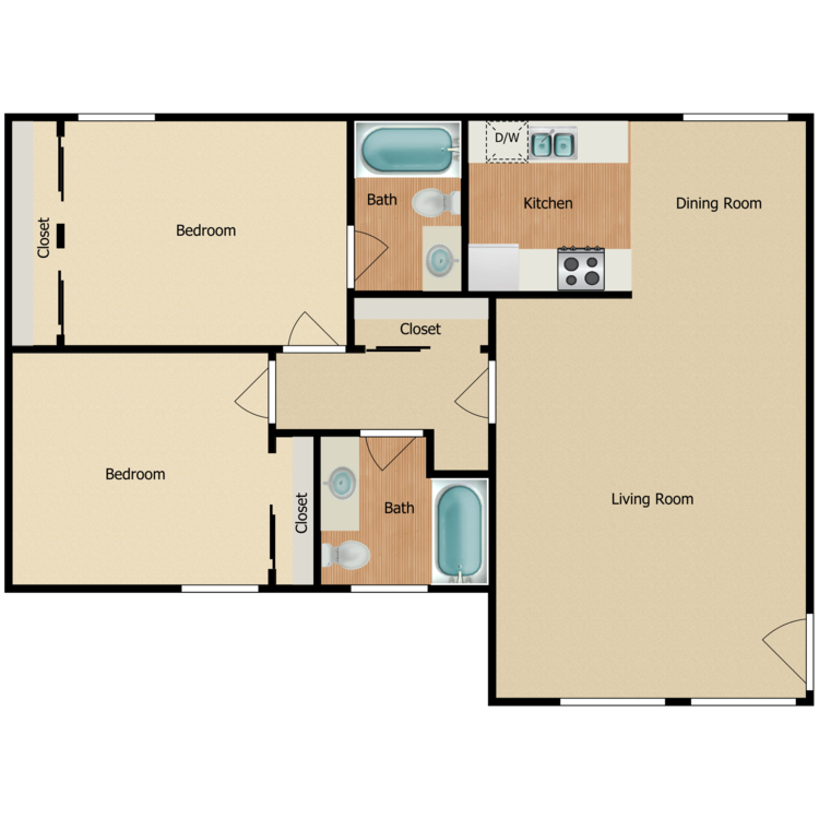 2 Bed 2 Bath, a 2 bedroom 2 bathroom floor plan.