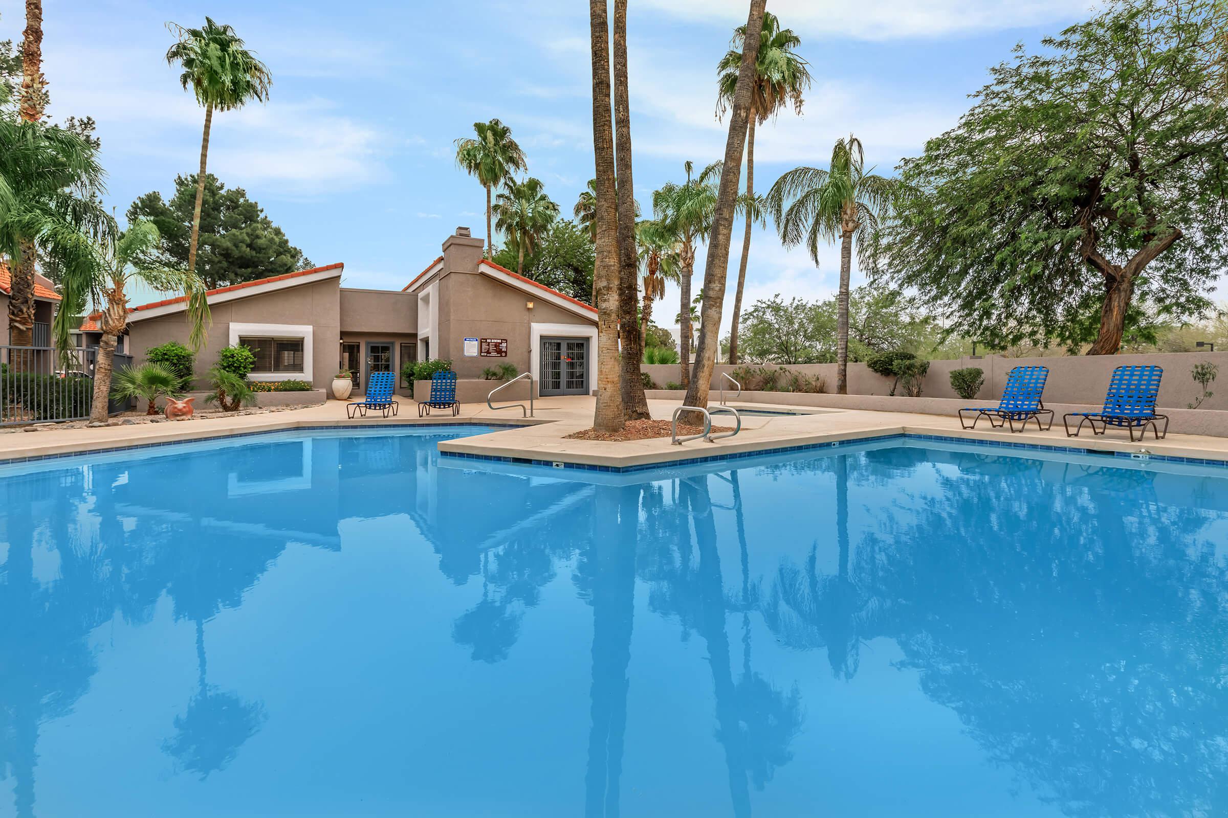 a pool next to a palm tree in front of a house