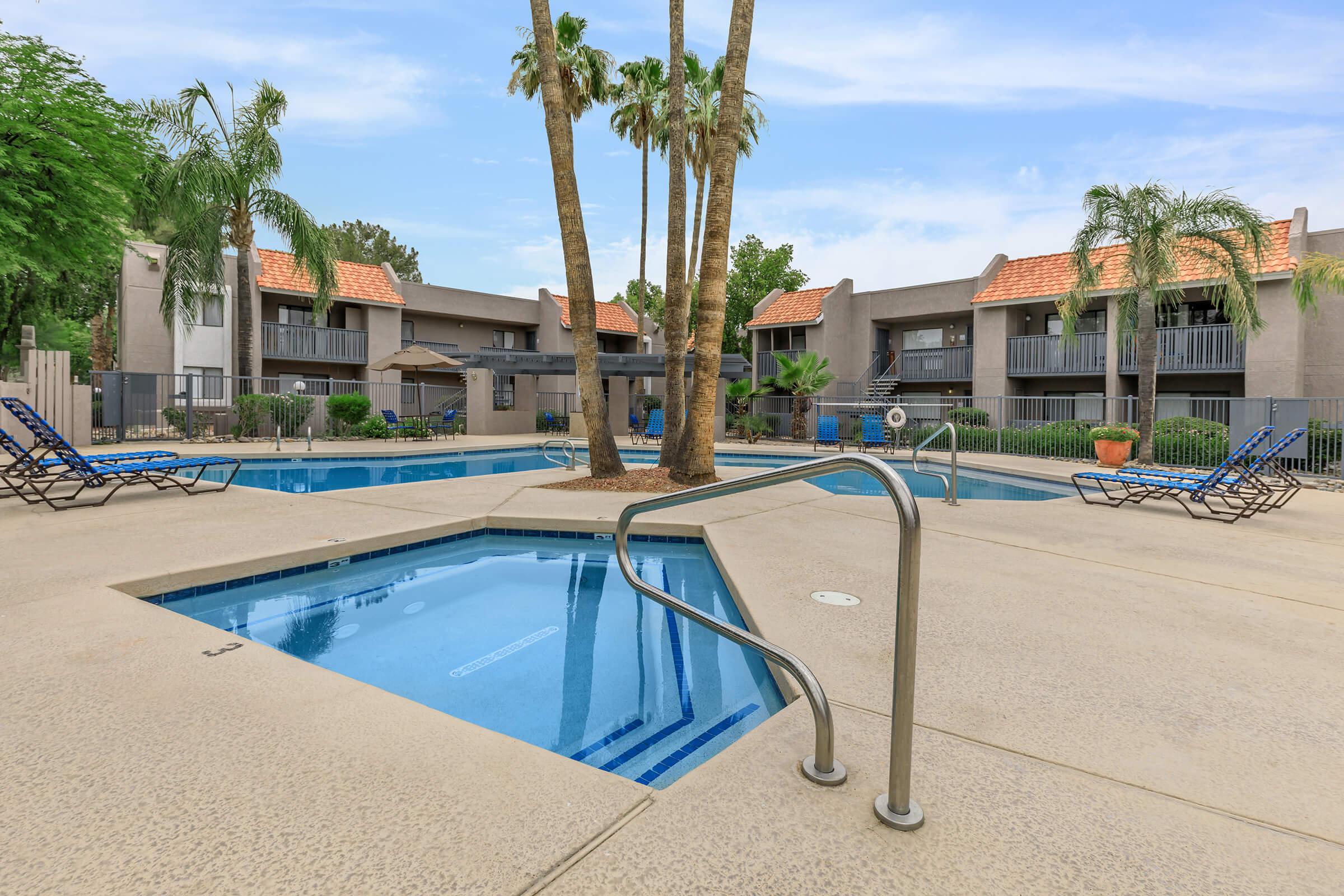 a pool next to a building