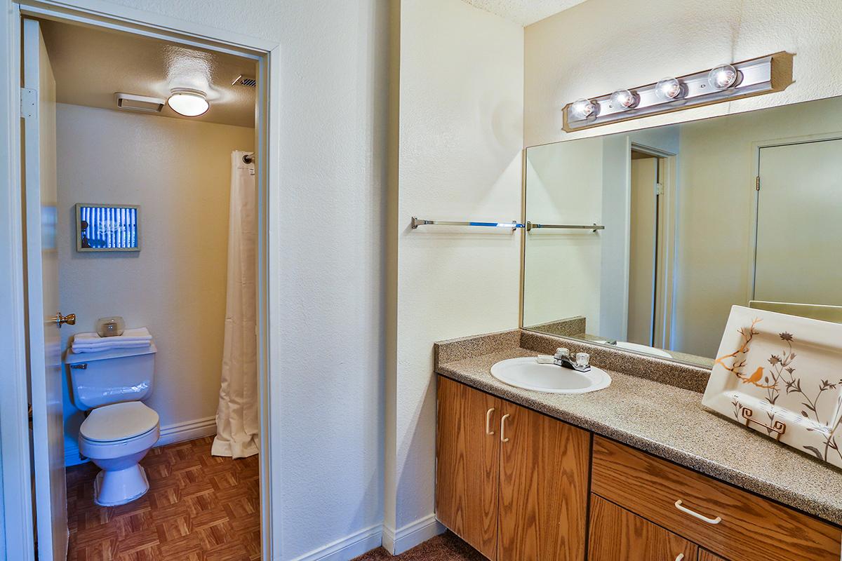 a room with a sink and a mirror