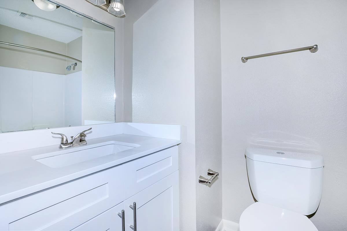 a white sink sitting under a mirror