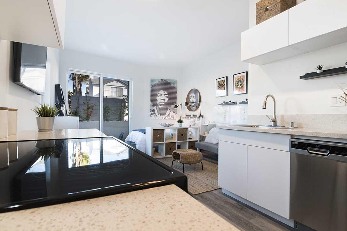 Modern kitchen and living area featuring a sleek design, with a countertop and stainless steel appliances. A large wall art piece depicts a famous musician, surrounded by decorative plants and framed artwork. Natural light floods the space through a sliding glass door leading to an outdoor area.