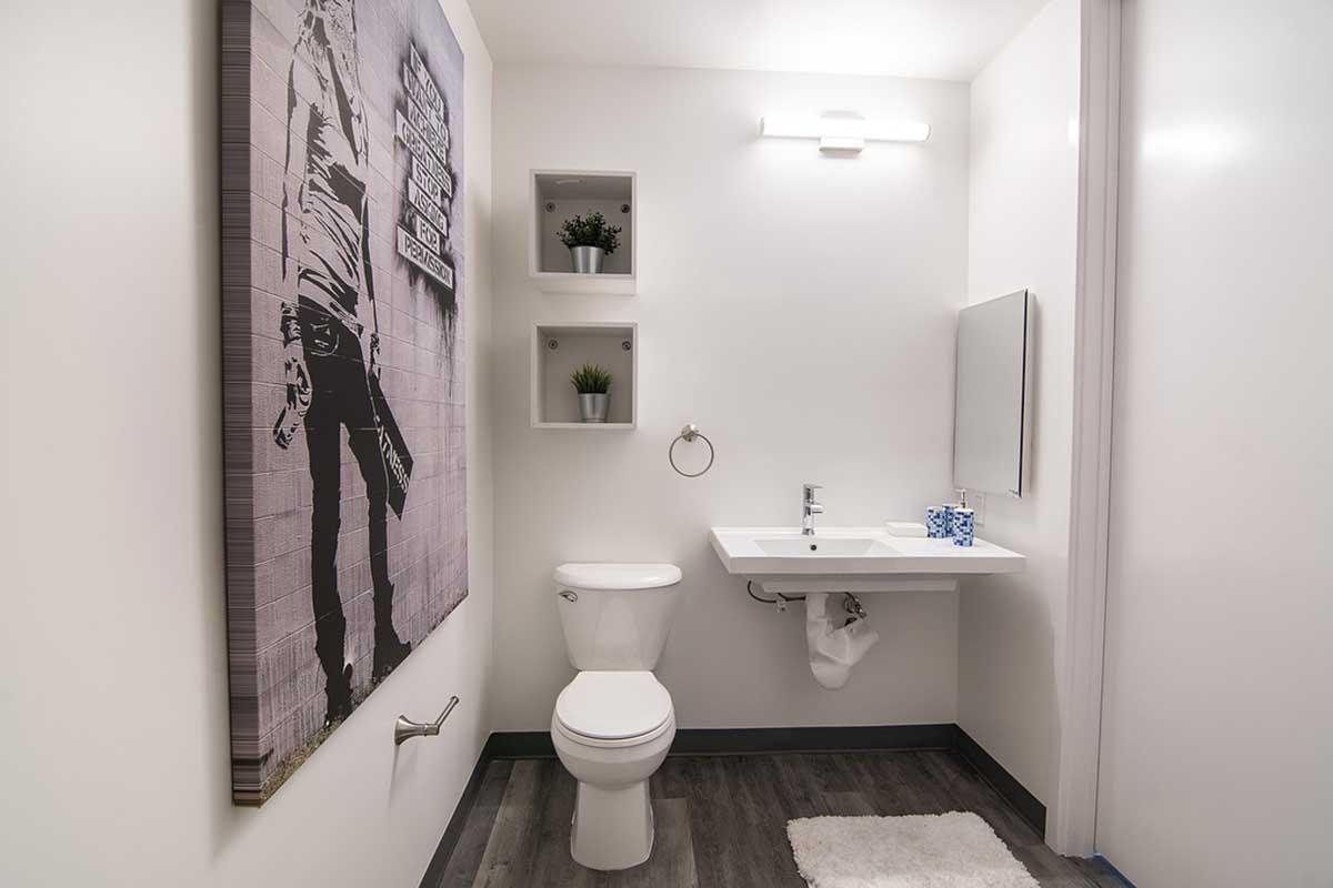 A modern bathroom featuring a white toilet, a sleek sink with a mirror above, and a small shelf with decorative plants. One wall displays an artistic image, adding a touch of character to the minimalist design. The floor is finished with grey planks, creating a clean and contemporary aesthetic.