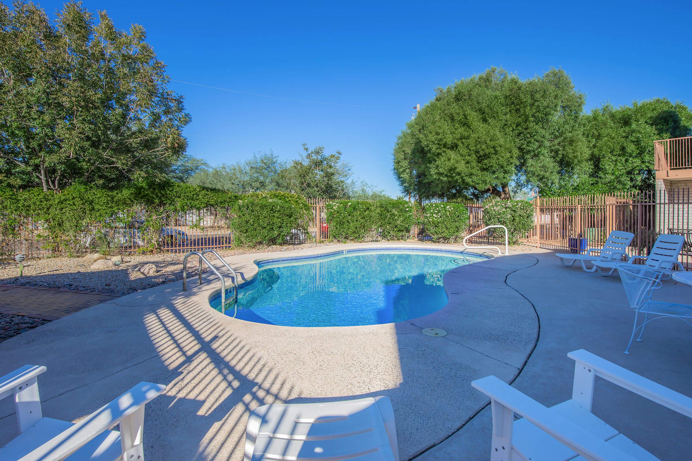 A serene swimming pool surrounded by lush greenery and lounge chairs. The pool area is enclosed with a low fence, and sunlight filters through the trees, creating a relaxing atmosphere. Clear blue sky overhead enhances the inviting, tranquil setting.