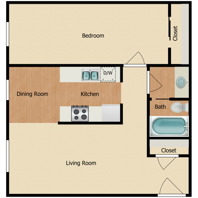 1 Bed 1 Bath, a 1 bedroom 1 bathroom floor plan.