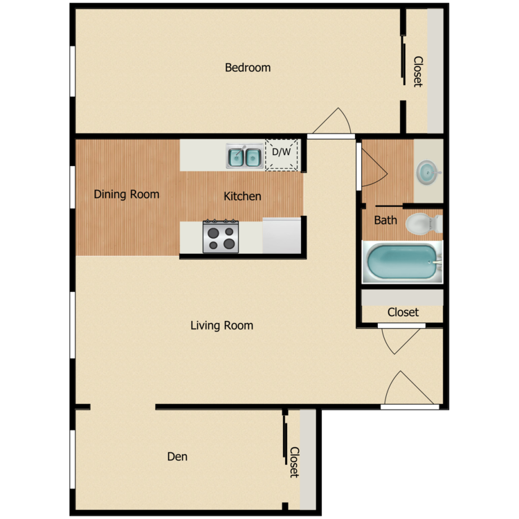 1 Bed 1 Bath w/Den, a 1 bedroom 1 bathroom floor plan.